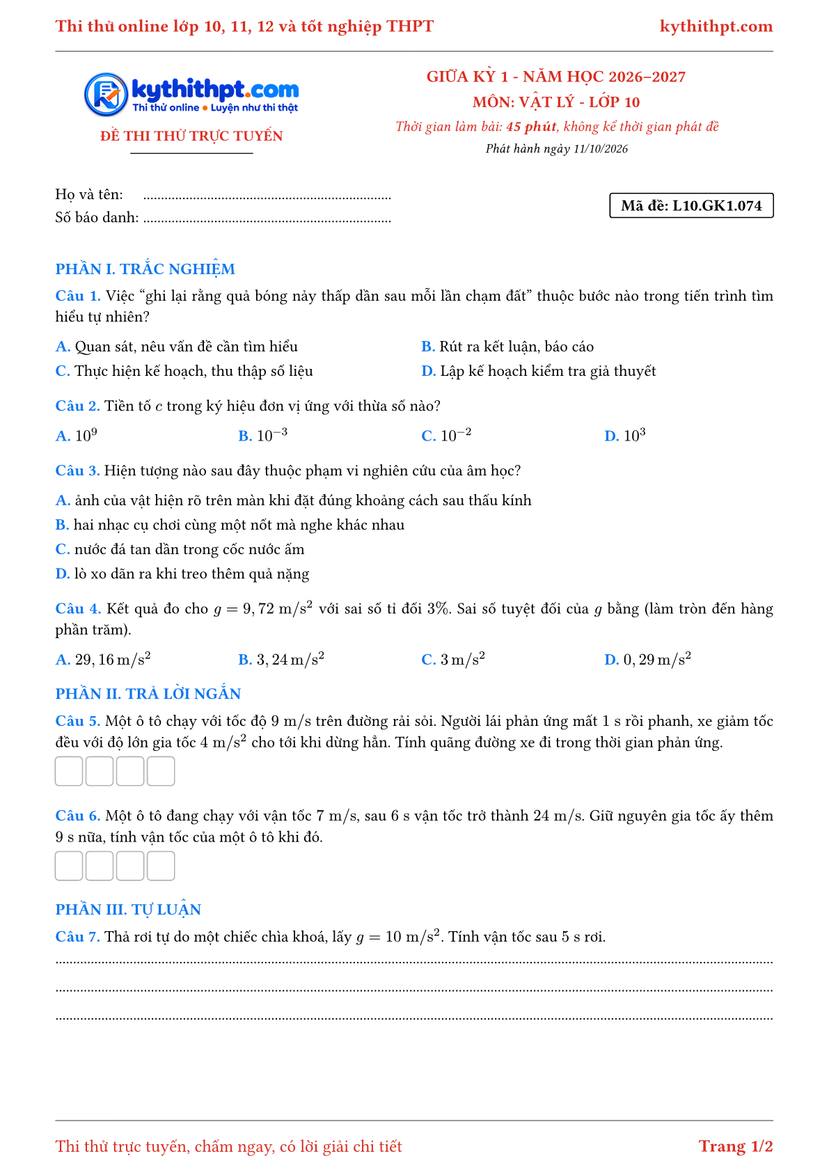 Trang đầu Đề thi thử online giữa kỳ 1 môn Vật lý lớp 10 - trắc nghiệm + trả lời ngắn + tự luận - đề 075