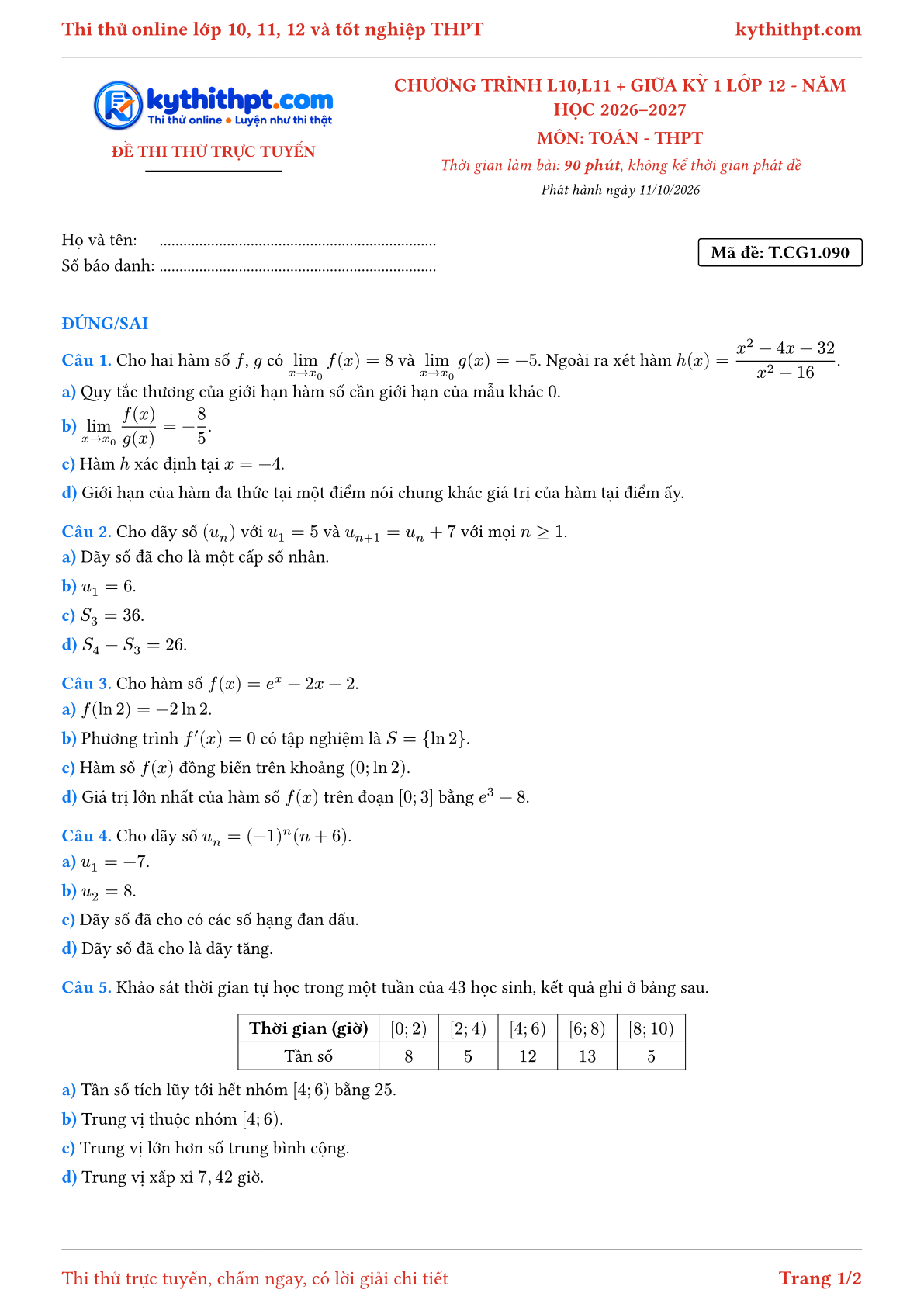 Trang đầu Đề thi thử online môn Toán theo chương trình lớp 10, 11 và giữa kỳ 1 lớp 12 - ôn luyện đúng/sai - đề 092