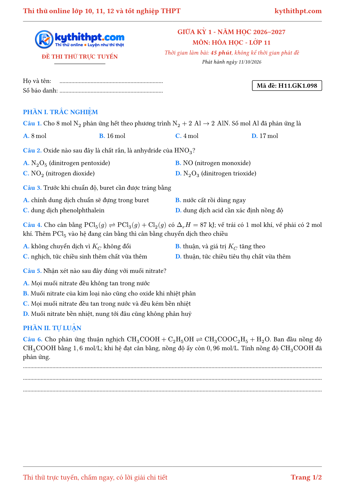 Trang đầu Đề thi thử online giữa kỳ 1 môn Hóa học lớp 11 - trắc nghiệm + tự luận - đề 100