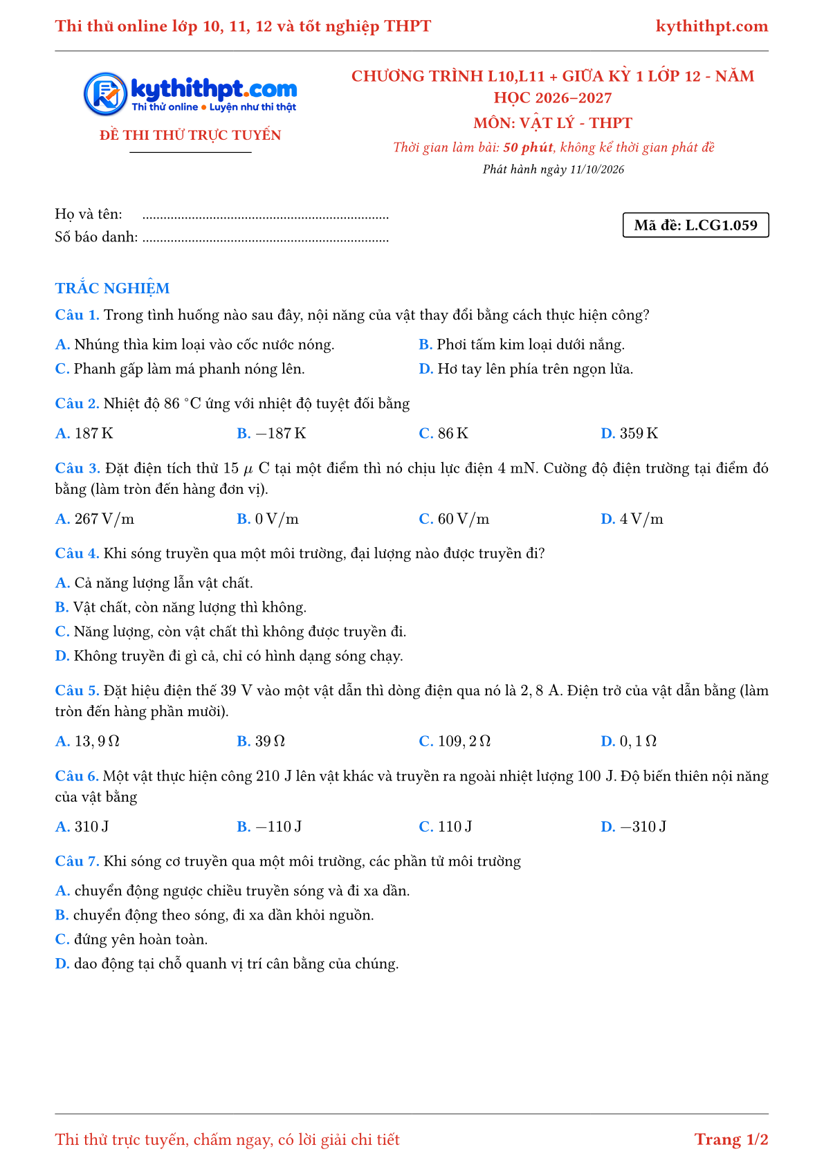 Trang đầu Đề thi thử online môn Vật lý theo chương trình lớp 10, 11 và giữa kỳ 1 lớp 12 - ôn luyện trắc nghiệm - đề 060