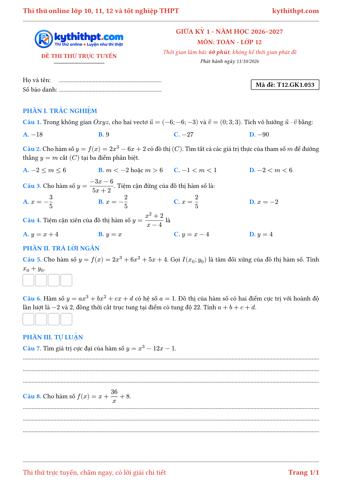 Trang đầu Đề thi thử online giữa kỳ 1 môn Toán lớp 12 - trắc nghiệm + trả lời ngắn + tự luận - đề 053