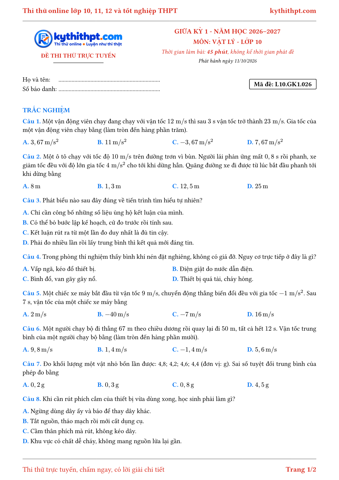 Trang đầu Đề thi thử online giữa kỳ 1 môn Vật lý lớp 10 - full trắc nghiệm - đề 026