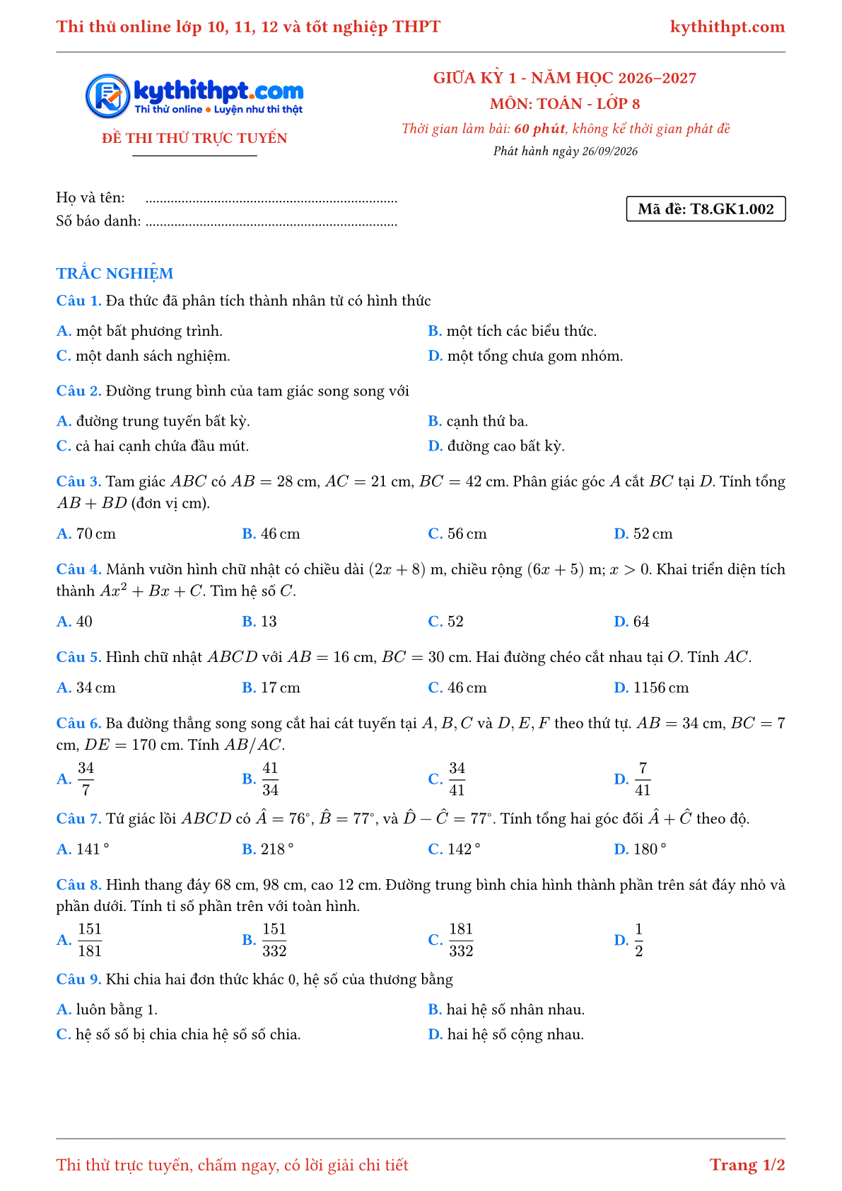 Trang đầu Đề thi thử online giữa kỳ 1 môn Toán lớp 8 - full trắc nghiệm - đề 002
