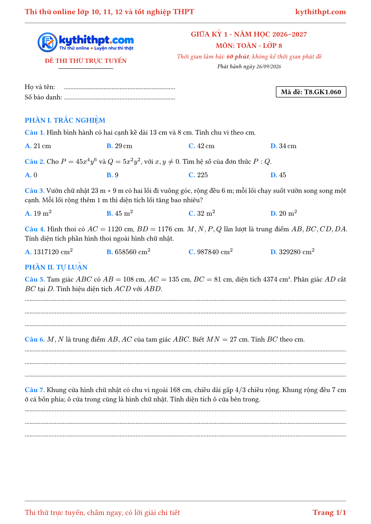Trang đầu Đề thi thử online giữa kỳ 1 môn Toán lớp 8 - trắc nghiệm + tự luận nâng cao - đề 063