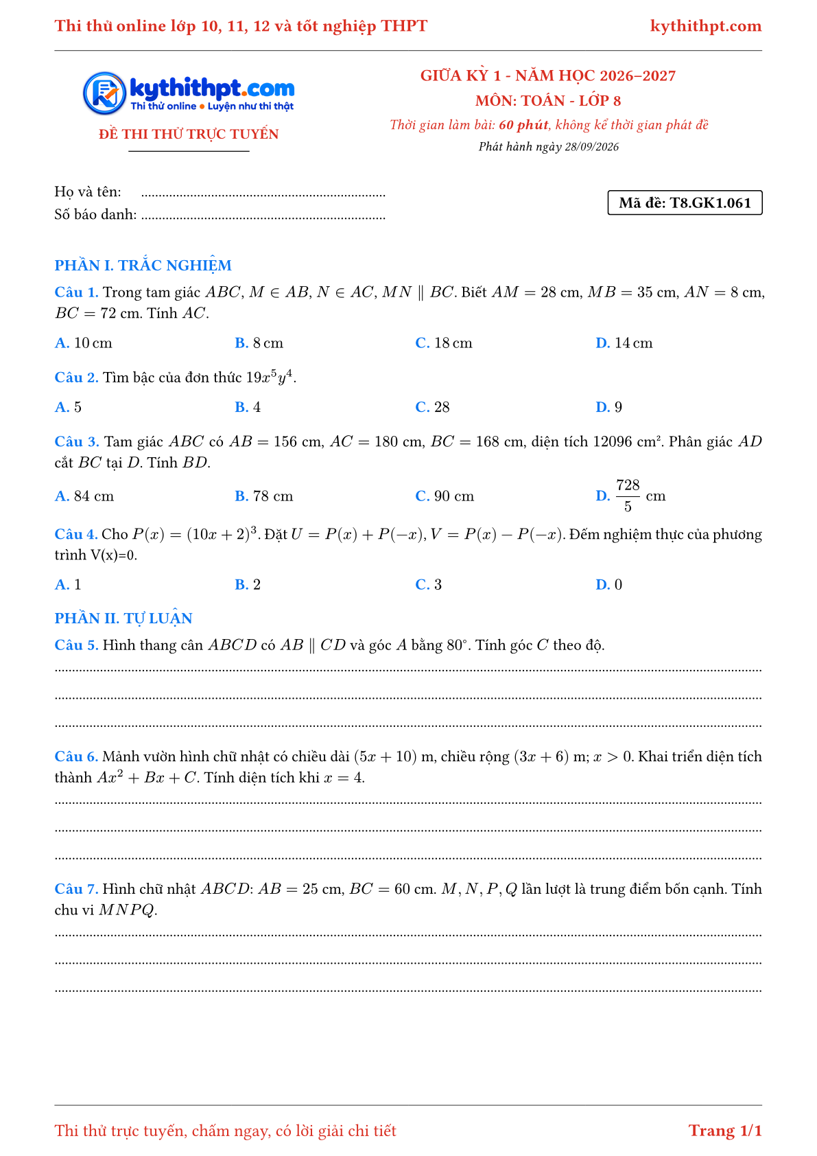 Trang đầu Đề thi thử online giữa kỳ 1 môn Toán lớp 8 - trắc nghiệm + tự luận nâng cao - đề 064