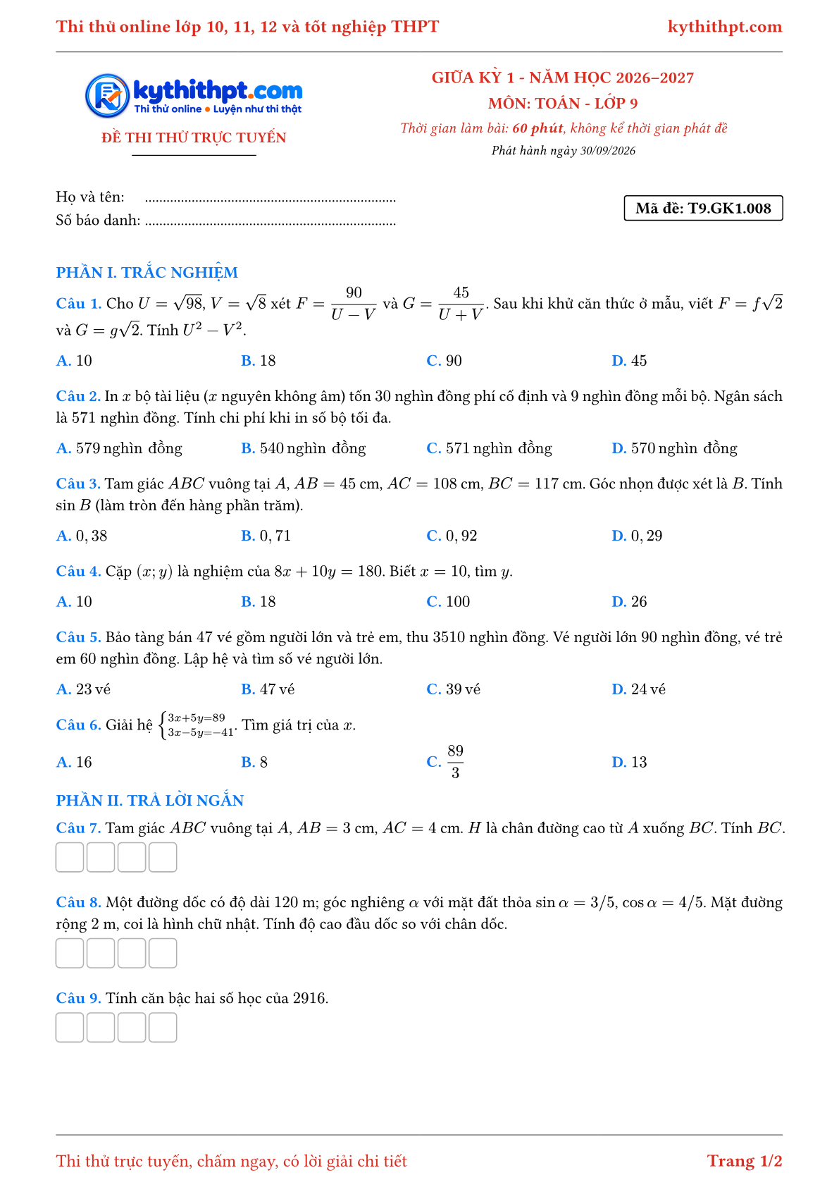 Trang đầu Đề thi thử online giữa kỳ 1 môn Toán lớp 9 - trắc nghiệm + trả lời ngắn - đề 008