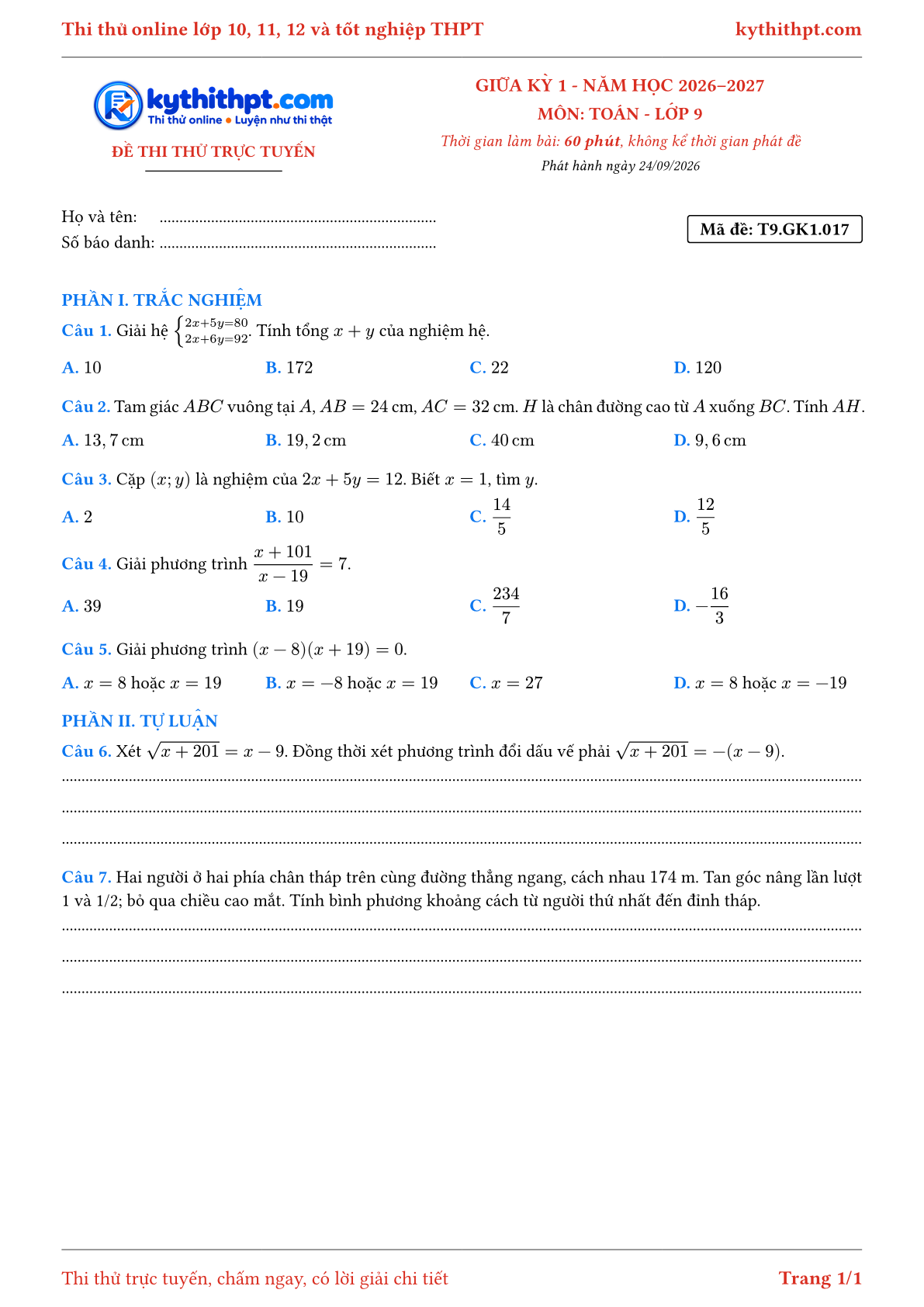 Trang đầu Đề thi thử online giữa kỳ 1 môn Toán lớp 9 - trắc nghiệm + tự luận - đề 018