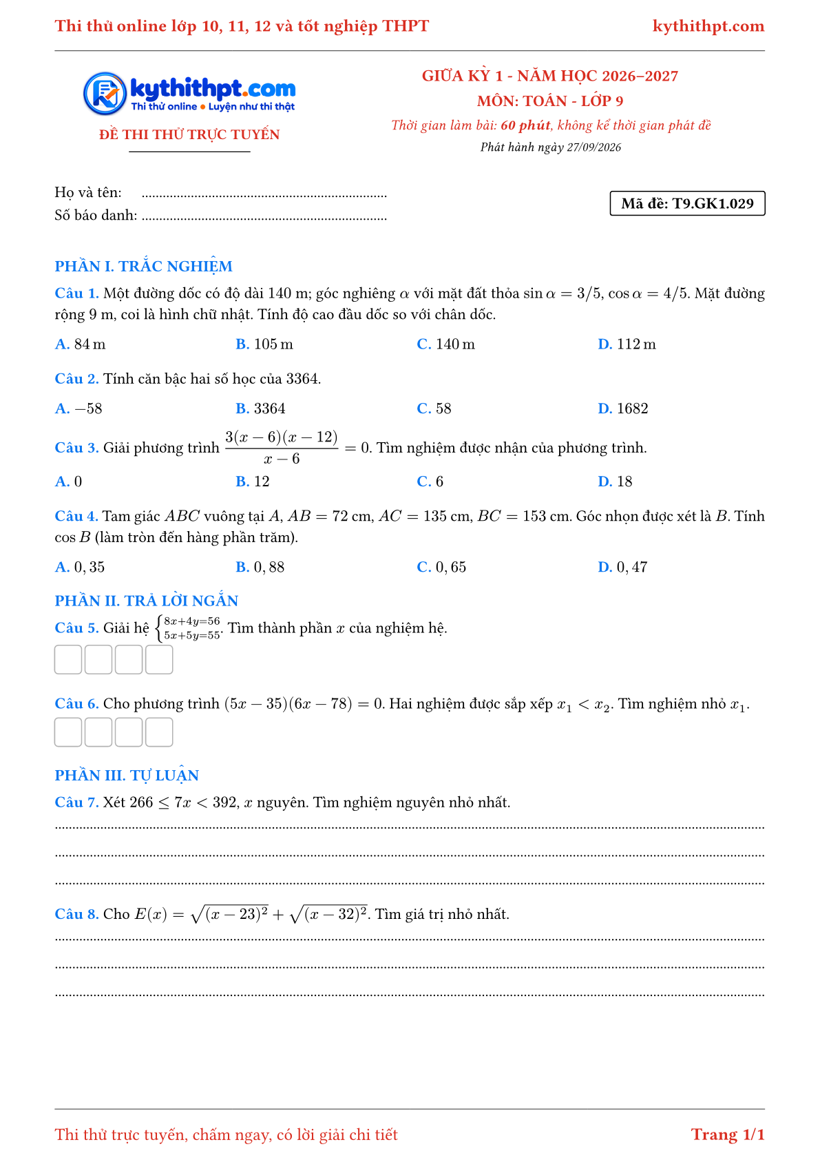 Trang đầu Đề thi thử online giữa kỳ 1 môn Toán lớp 9 - trắc nghiệm + trả lời ngắn + tự luận - đề 031