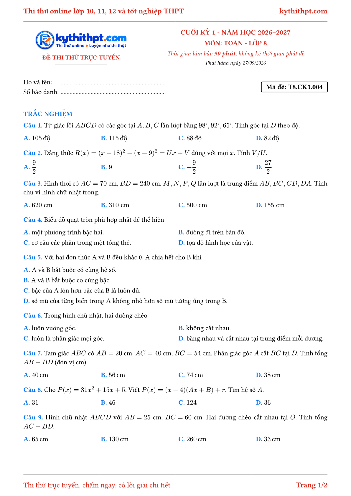 Trang đầu Đề thi thử online cuối kỳ 1 môn Toán lớp 8 - full trắc nghiệm - đề 004