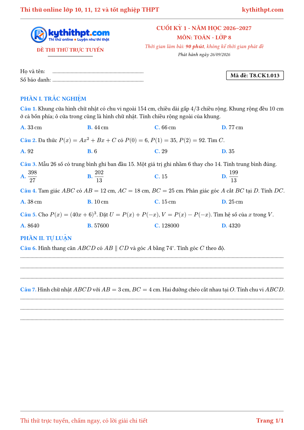 Trang đầu Đề thi thử online cuối kỳ 1 môn Toán lớp 8 - trắc nghiệm + tự luận - đề 013