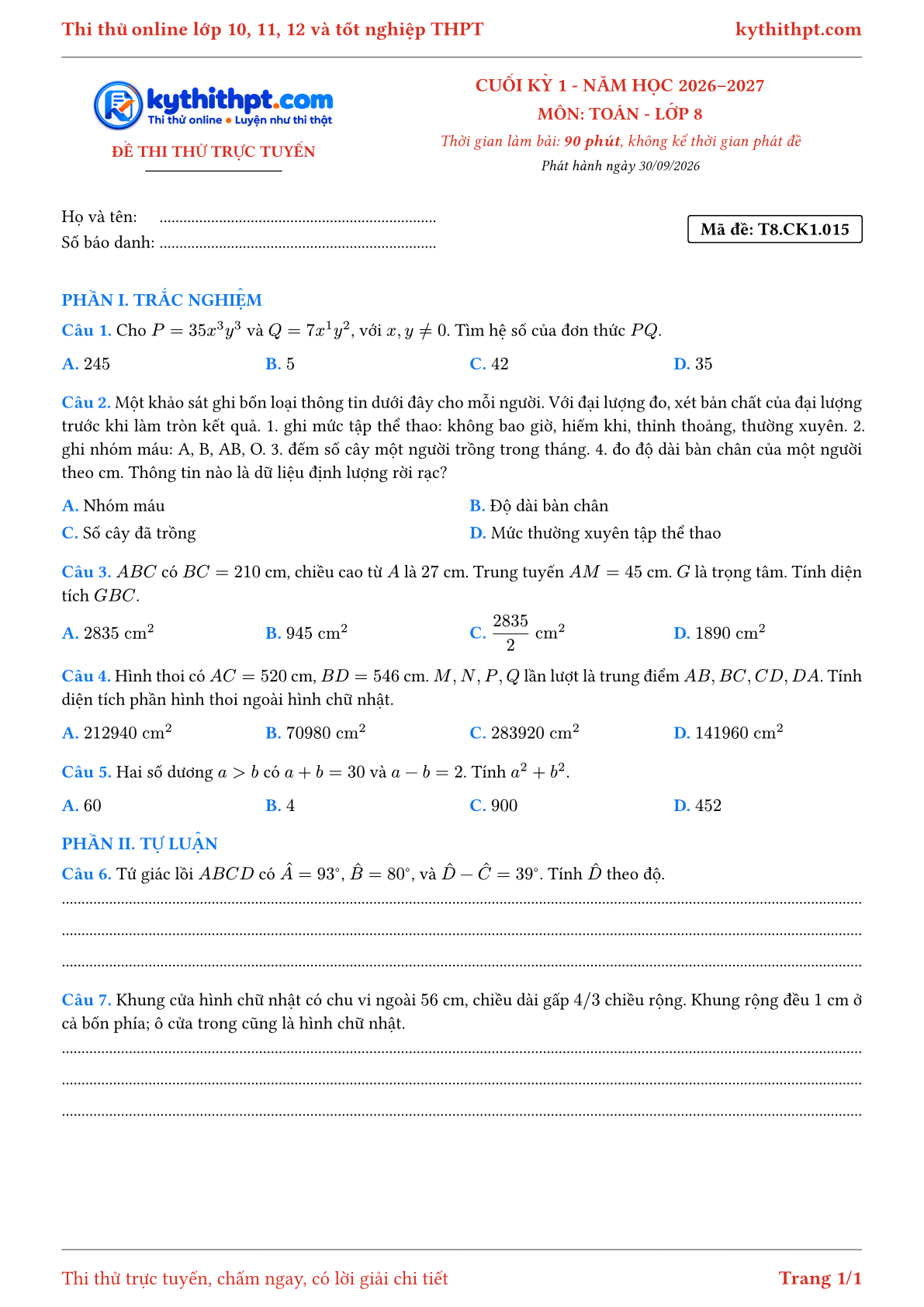 Trang đầu Đề thi thử online cuối kỳ 1 môn Toán lớp 8 - trắc nghiệm + tự luận - đề 015