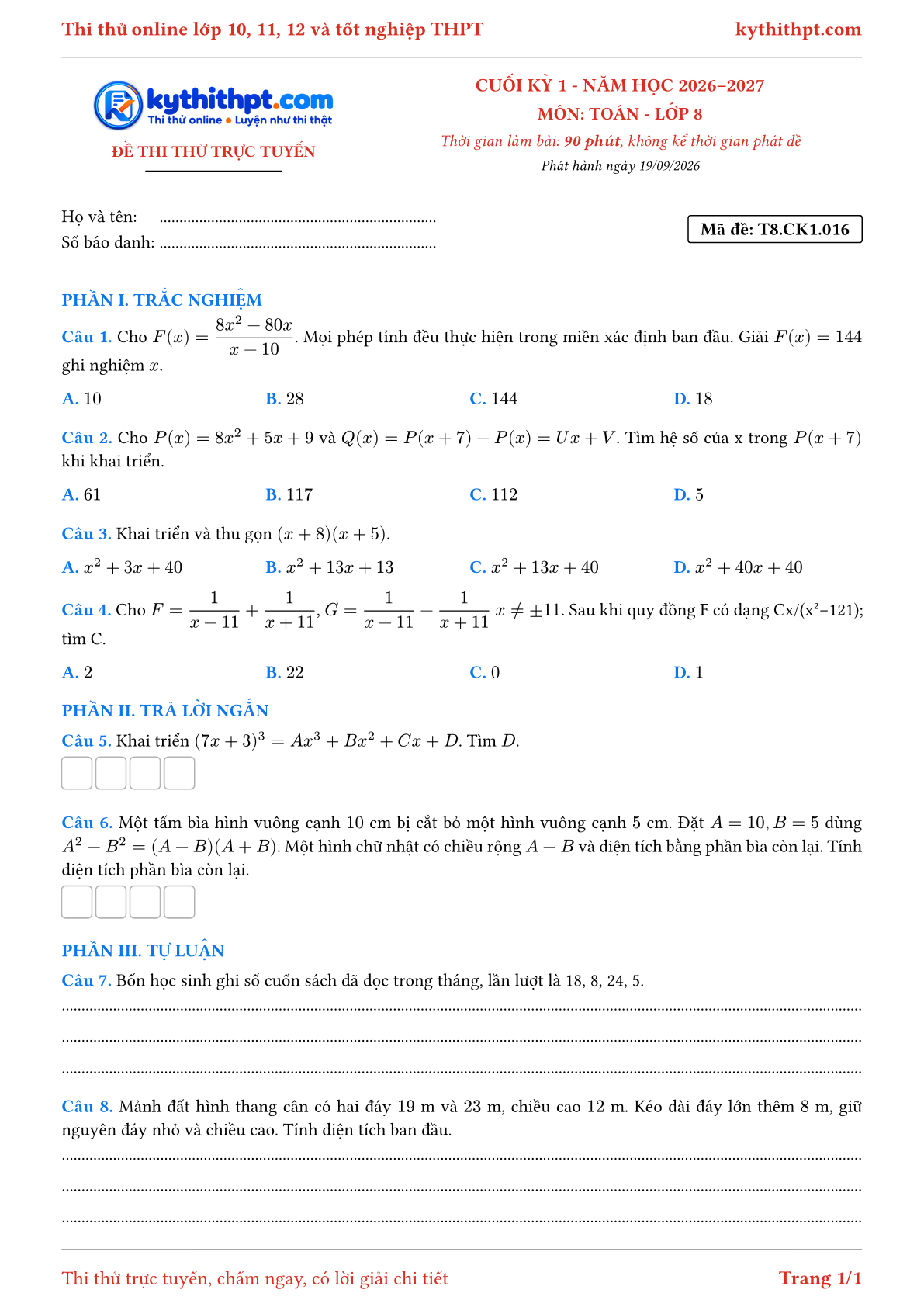 Trang đầu Đề thi thử online cuối kỳ 1 môn Toán lớp 8 - trắc nghiệm + trả lời ngắn + tự luận - đề 016