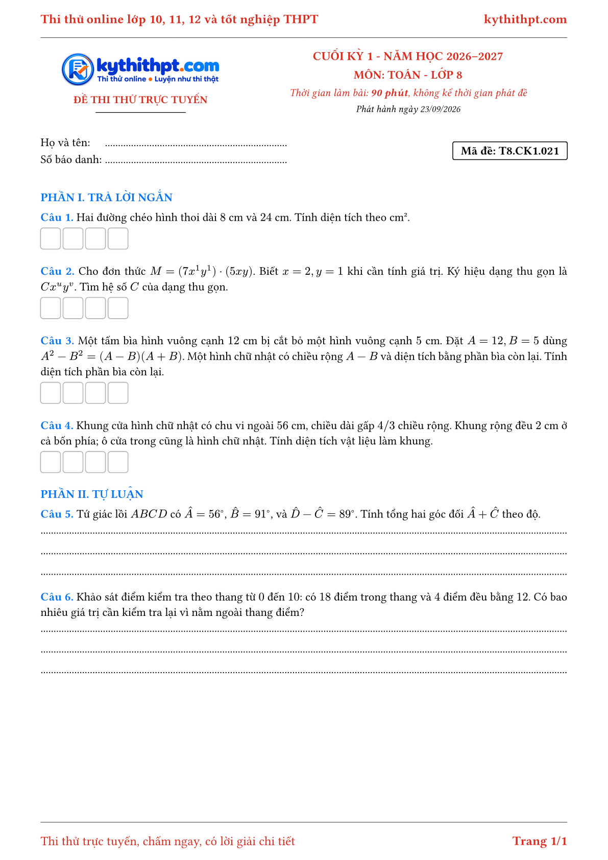 Trang đầu Đề thi thử online cuối kỳ 1 môn Toán lớp 8 - trả lời ngắn + tự luận - đề 021