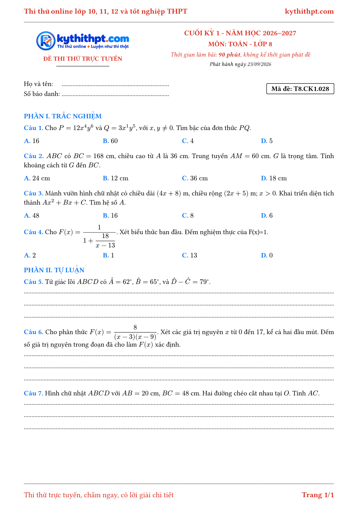 Trang đầu Đề thi thử online cuối kỳ 1 môn Toán lớp 8 - trắc nghiệm + tự luận nâng cao - đề 028