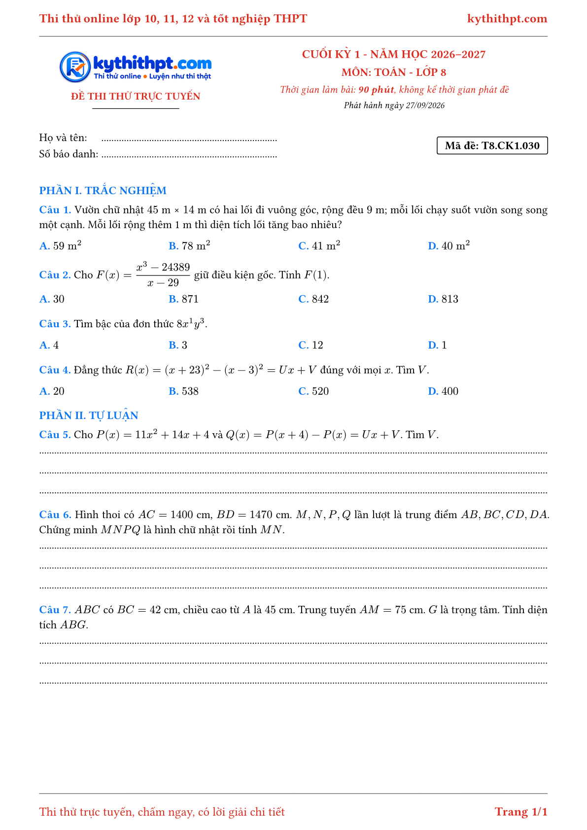 Trang đầu Đề thi thử online cuối kỳ 1 môn Toán lớp 8 - trắc nghiệm + tự luận nâng cao - đề 030