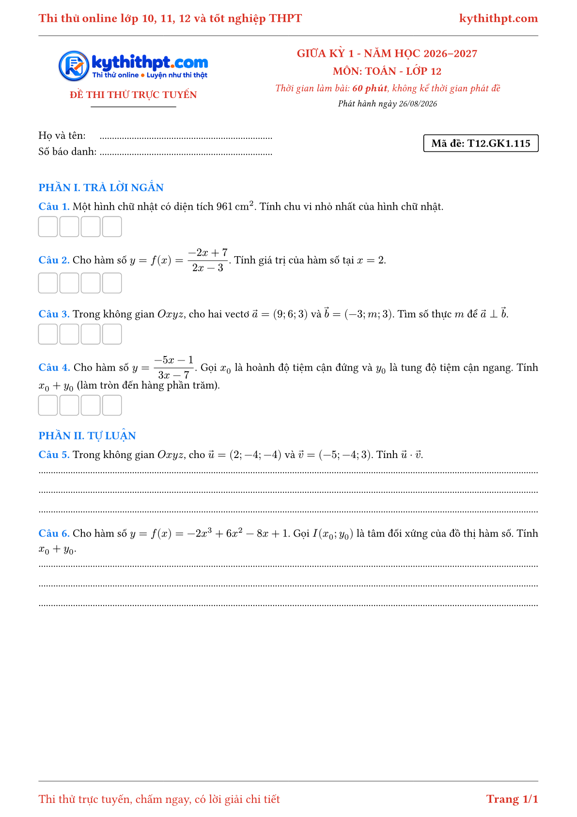Trang đầu Đề thi thử online giữa kỳ 1 môn Toán lớp 12 - trả lời ngắn + tự luận - đề 115