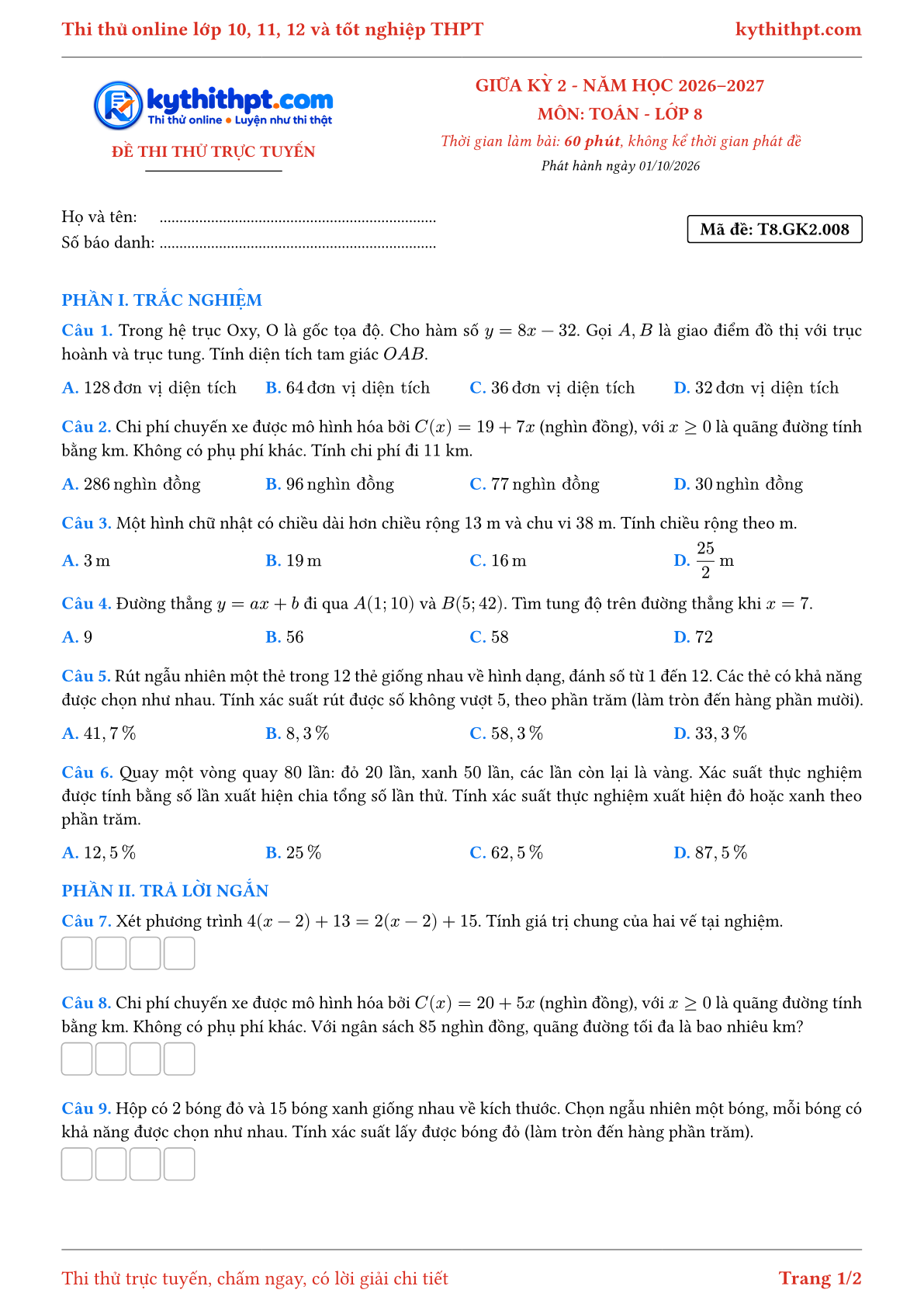 Trang đầu Đề thi thử online giữa kỳ 2 môn Toán lớp 8 - trắc nghiệm + trả lời ngắn - đề 008