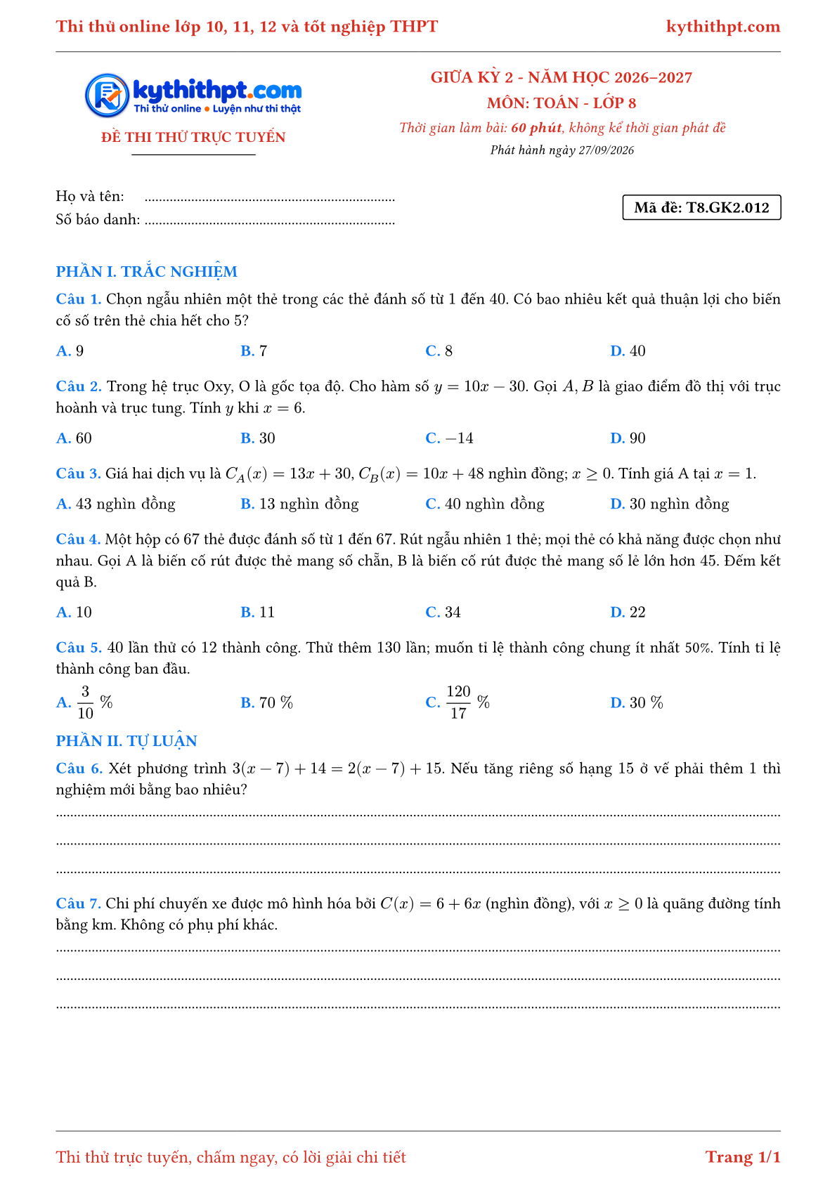 Trang đầu Đề thi thử online giữa kỳ 2 môn Toán lớp 8 - trắc nghiệm + tự luận - đề 012
