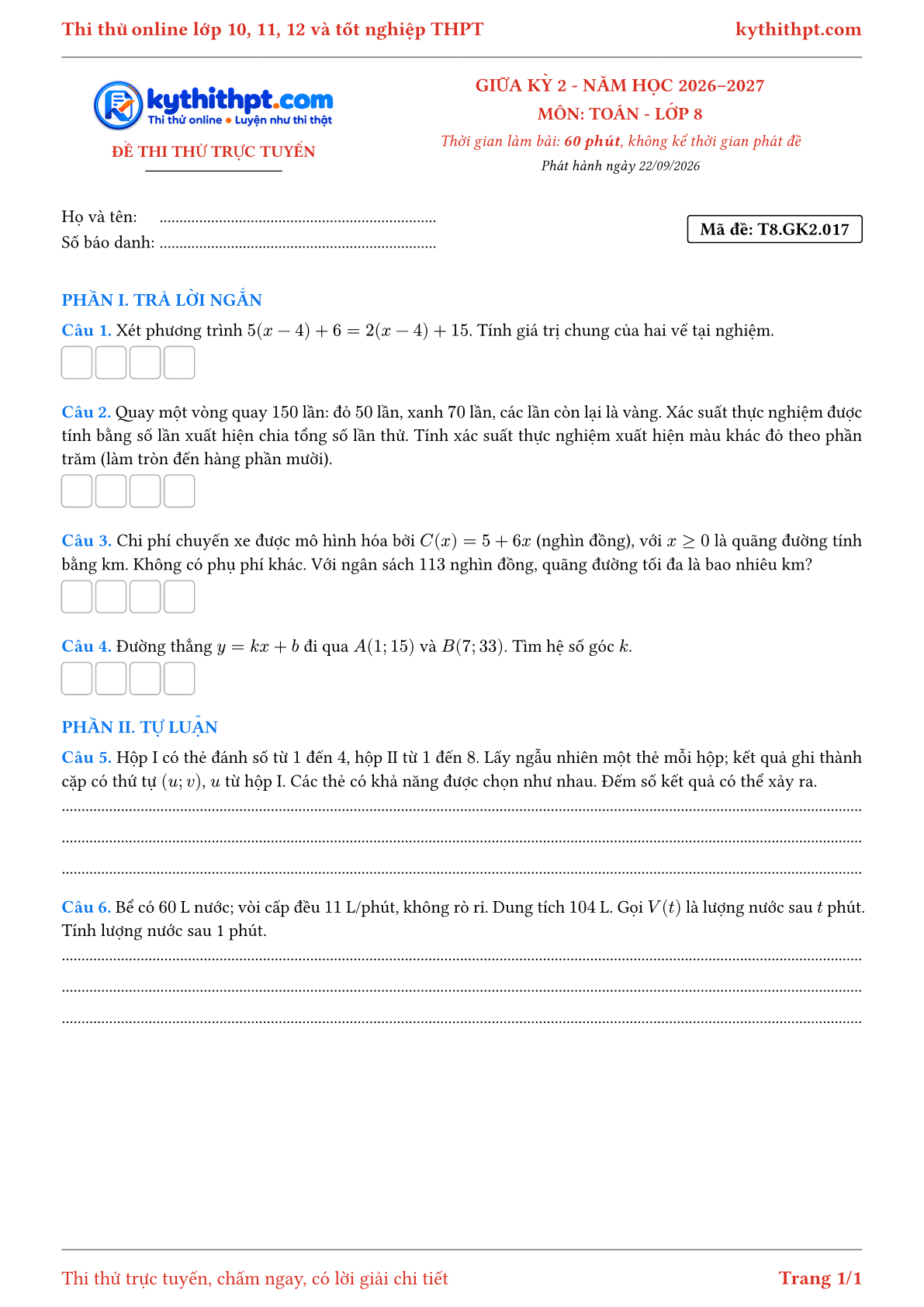 Trang đầu Đề thi thử online giữa kỳ 2 môn Toán lớp 8 - trả lời ngắn + tự luận - đề 017