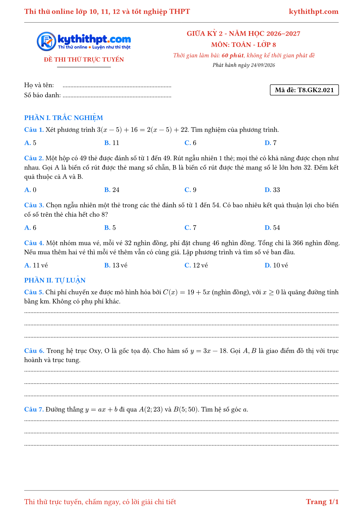 Trang đầu Đề thi thử online giữa kỳ 2 môn Toán lớp 8 - trắc nghiệm + tự luận nâng cao - đề 021