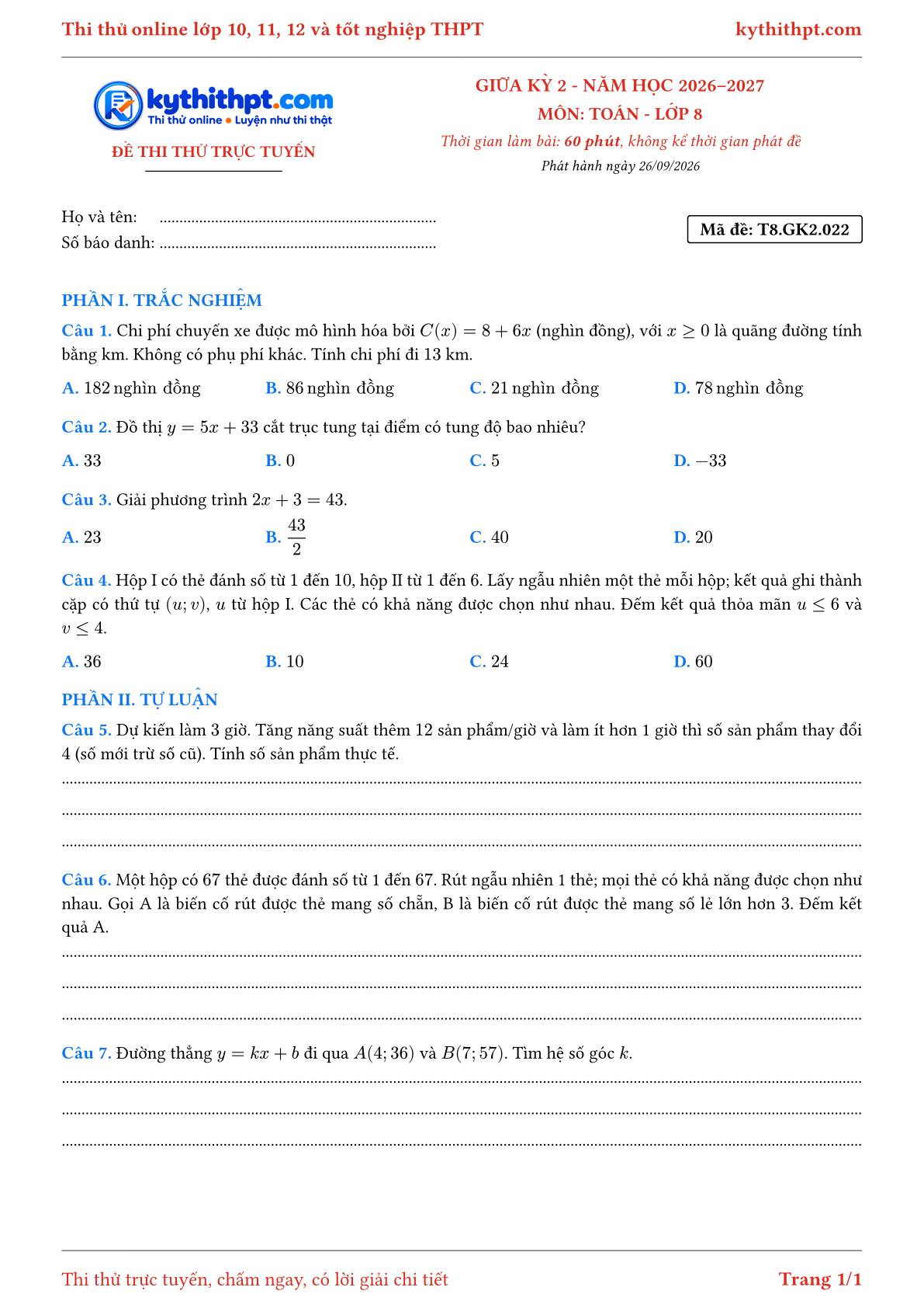 Trang đầu Đề thi thử online giữa kỳ 2 môn Toán lớp 8 - trắc nghiệm + tự luận nâng cao - đề 022