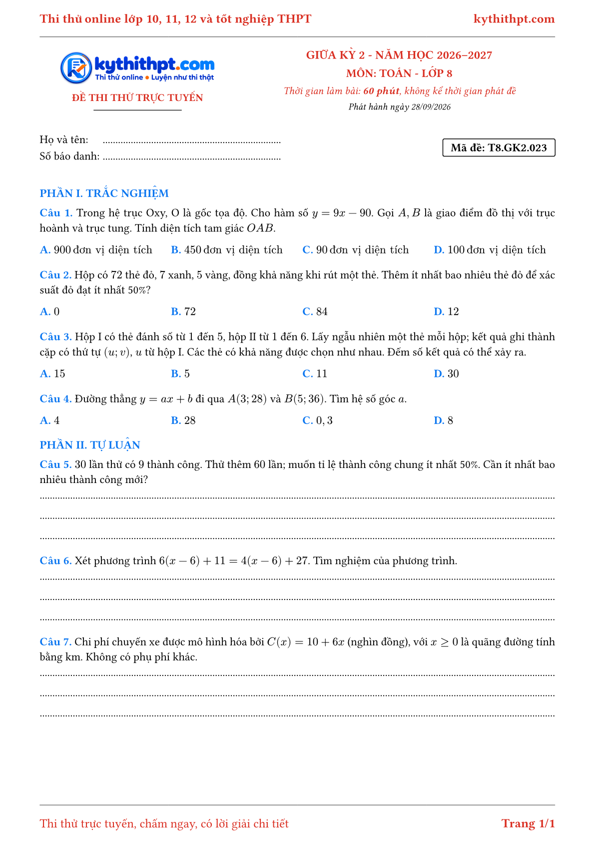 Trang đầu Đề thi thử online giữa kỳ 2 môn Toán lớp 8 - trắc nghiệm + tự luận nâng cao - đề 023