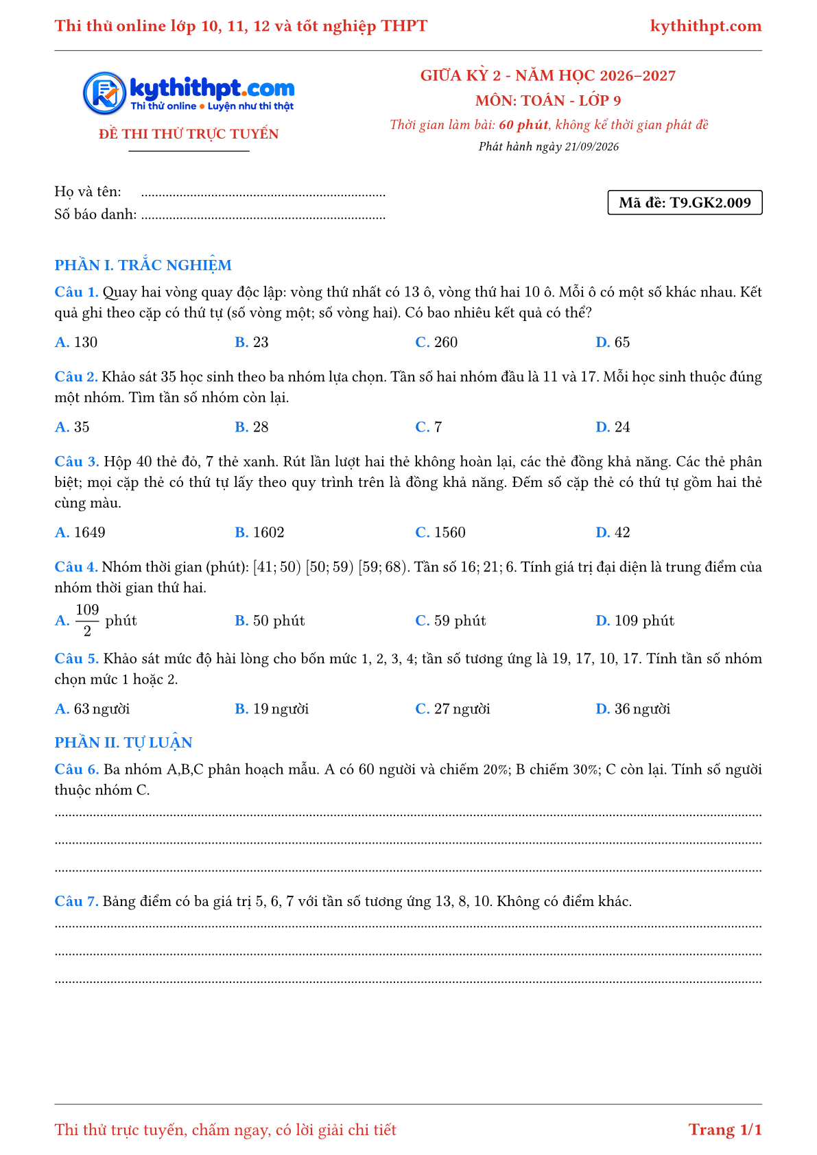 Trang đầu Đề thi thử online giữa kỳ 2 môn Toán lớp 9 - trắc nghiệm + tự luận - đề 009