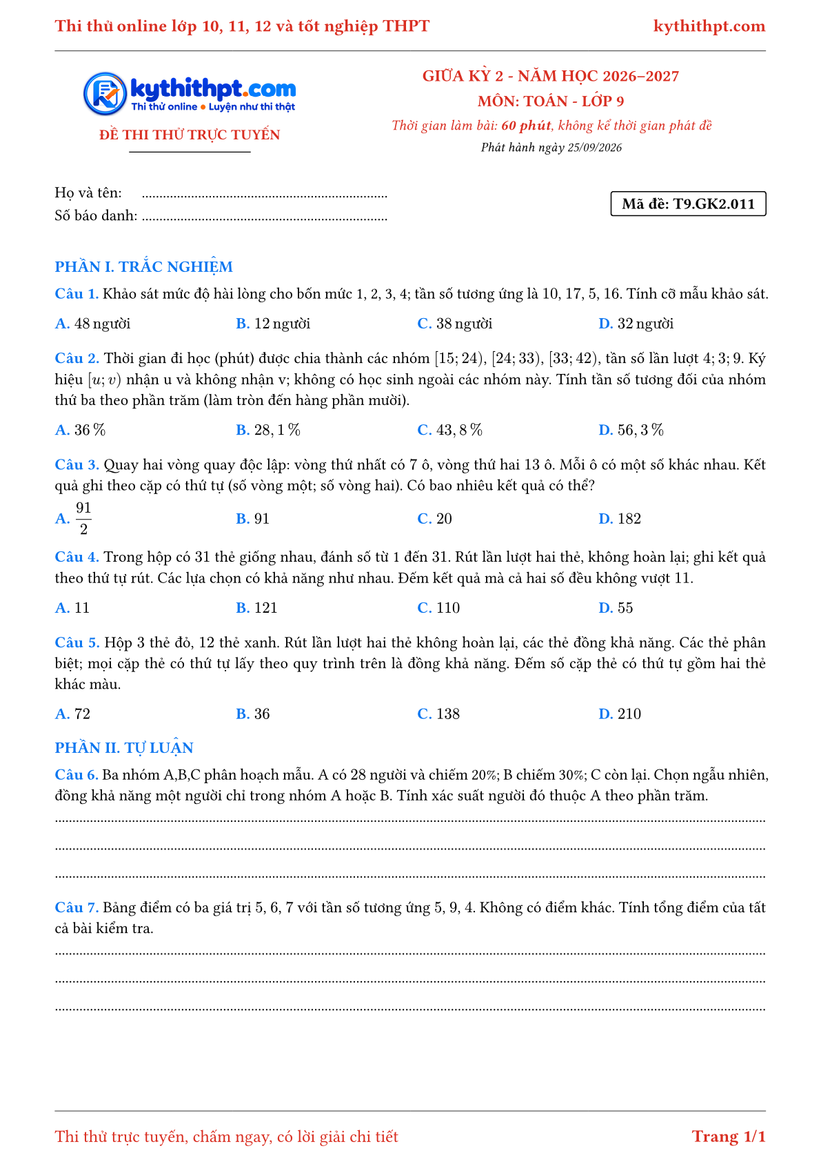 Trang đầu Đề thi thử online giữa kỳ 2 môn Toán lớp 9 - trắc nghiệm + tự luận - đề 011