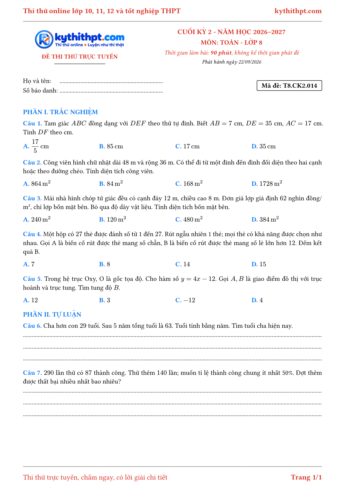 Trang đầu Đề thi thử online cuối kỳ 2 môn Toán lớp 8 - trắc nghiệm + tự luận - đề 014