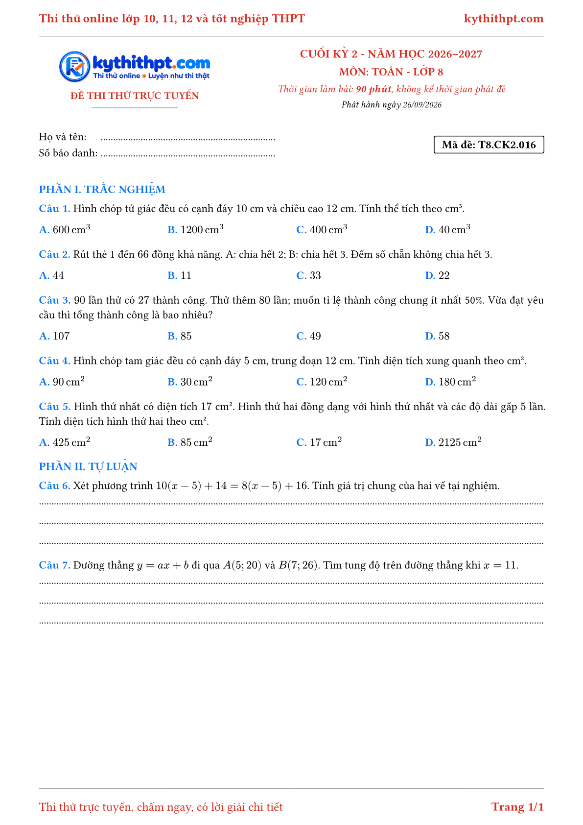 Trang đầu Đề thi thử online cuối kỳ 2 môn Toán lớp 8 - trắc nghiệm + tự luận - đề 016