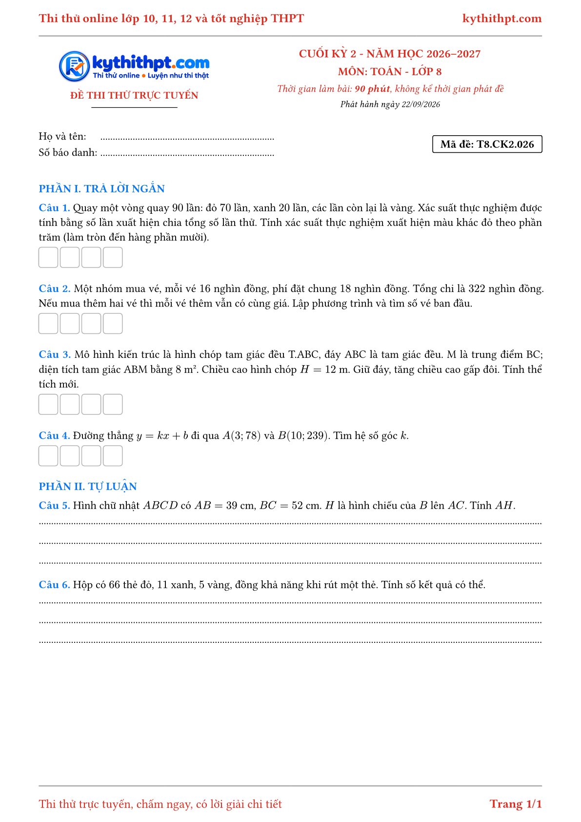 Trang đầu Đề thi thử online cuối kỳ 2 môn Toán lớp 8 - trả lời ngắn + tự luận - đề 026