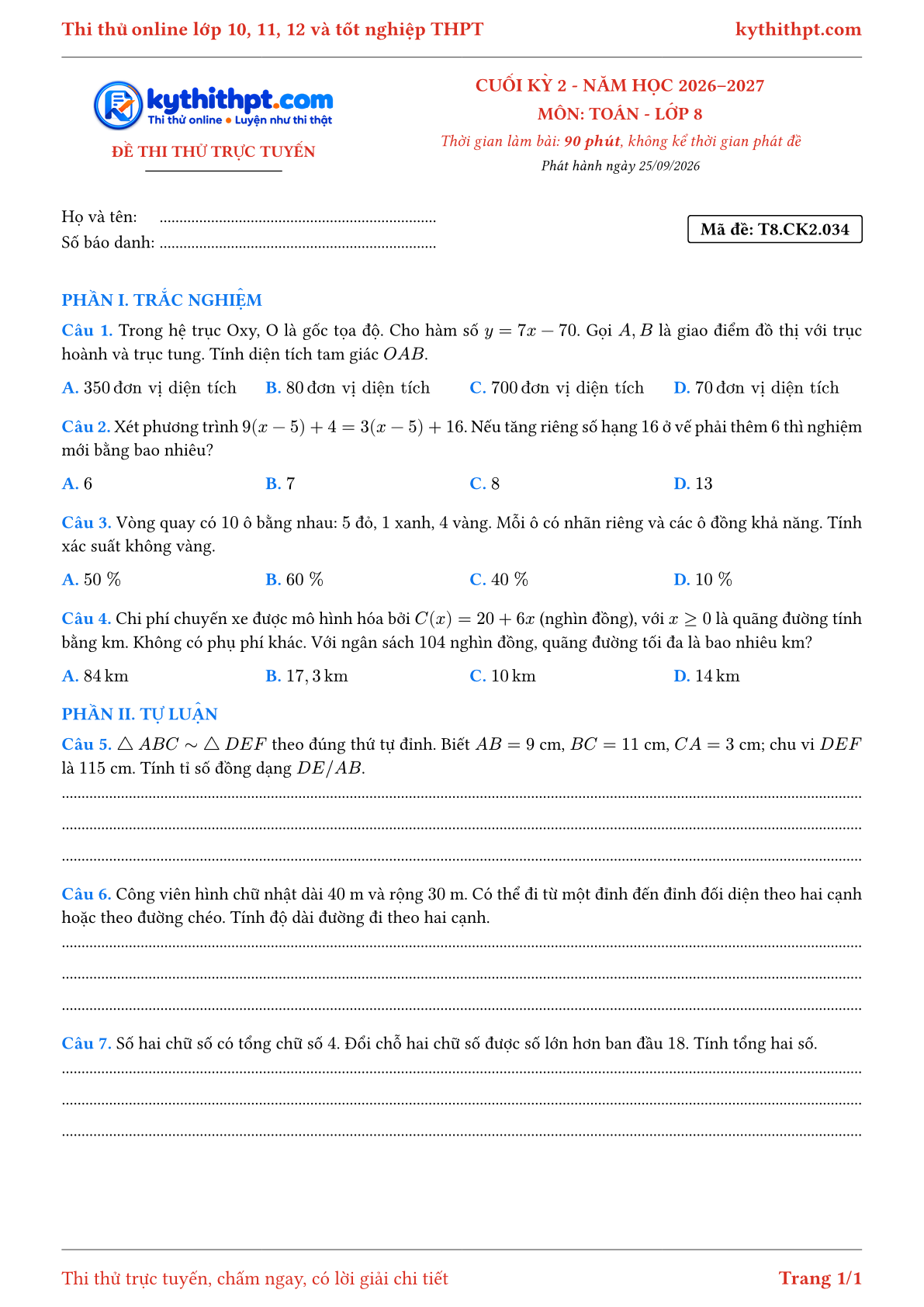 Trang đầu Đề thi thử online cuối kỳ 2 môn Toán lớp 8 - trắc nghiệm + tự luận nâng cao - đề 034