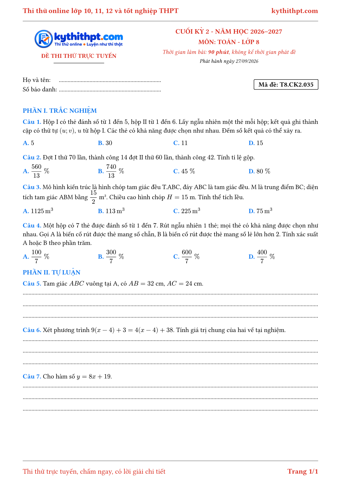 Trang đầu Đề thi thử online cuối kỳ 2 môn Toán lớp 8 - trắc nghiệm + tự luận nâng cao - đề 035