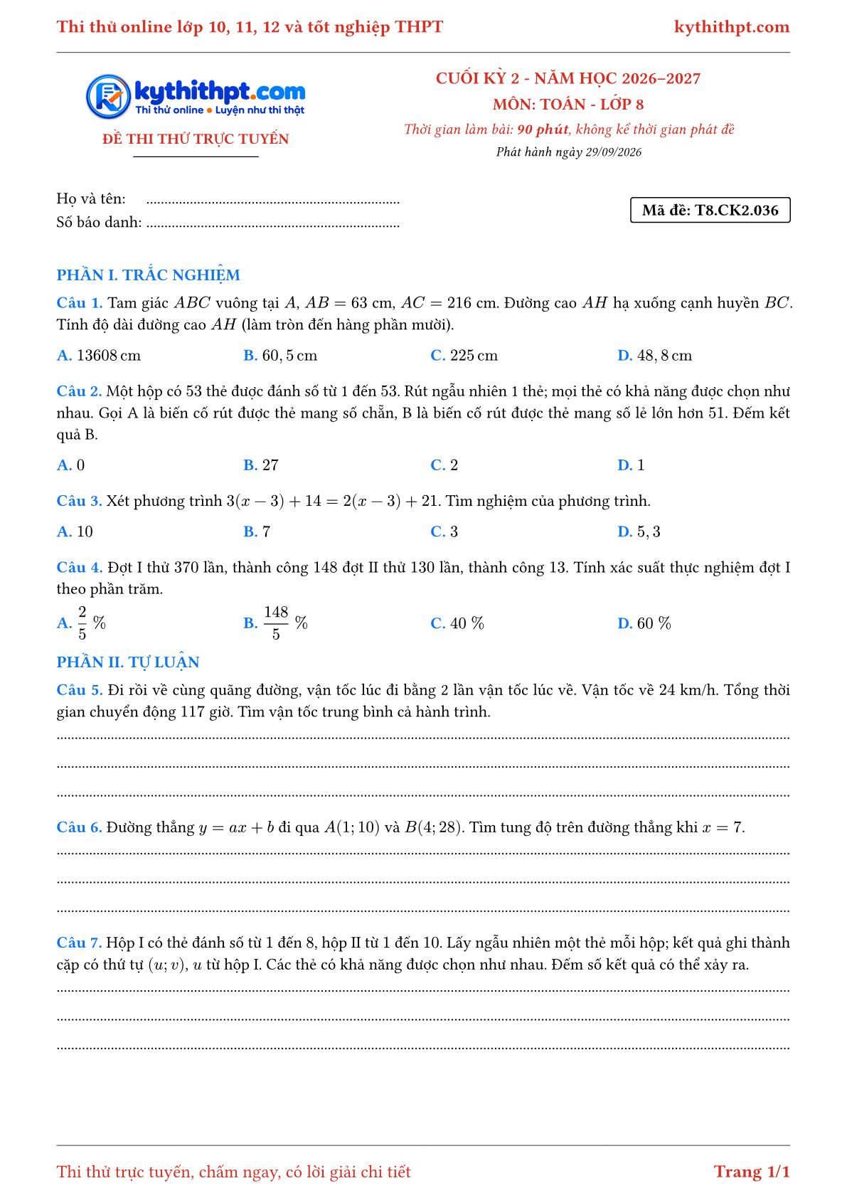 Trang đầu Đề thi thử online cuối kỳ 2 môn Toán lớp 8 - trắc nghiệm + tự luận nâng cao - đề 036