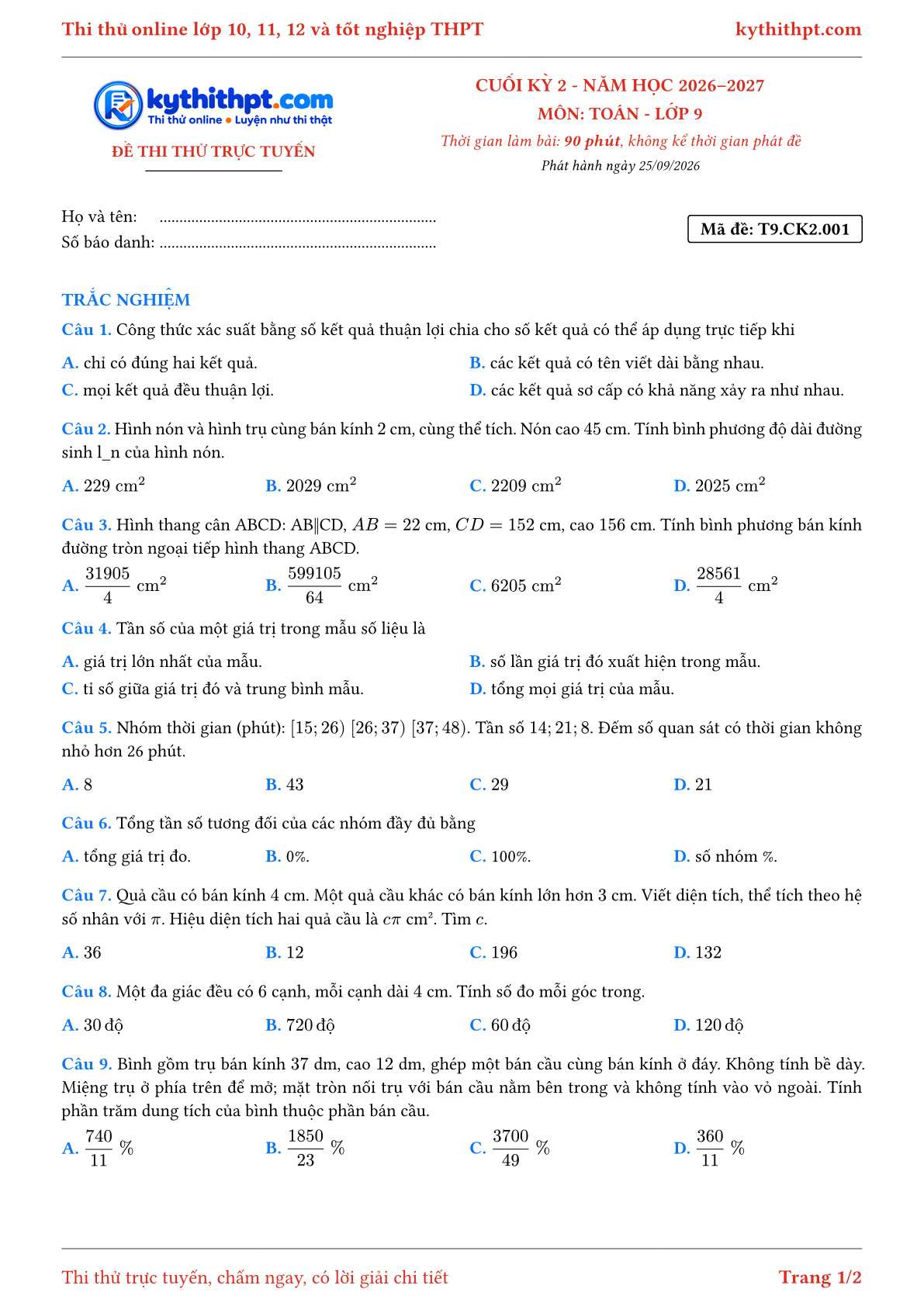 Trang đầu Đề thi thử online cuối kỳ 2 môn Toán lớp 9 - full trắc nghiệm - đề 001