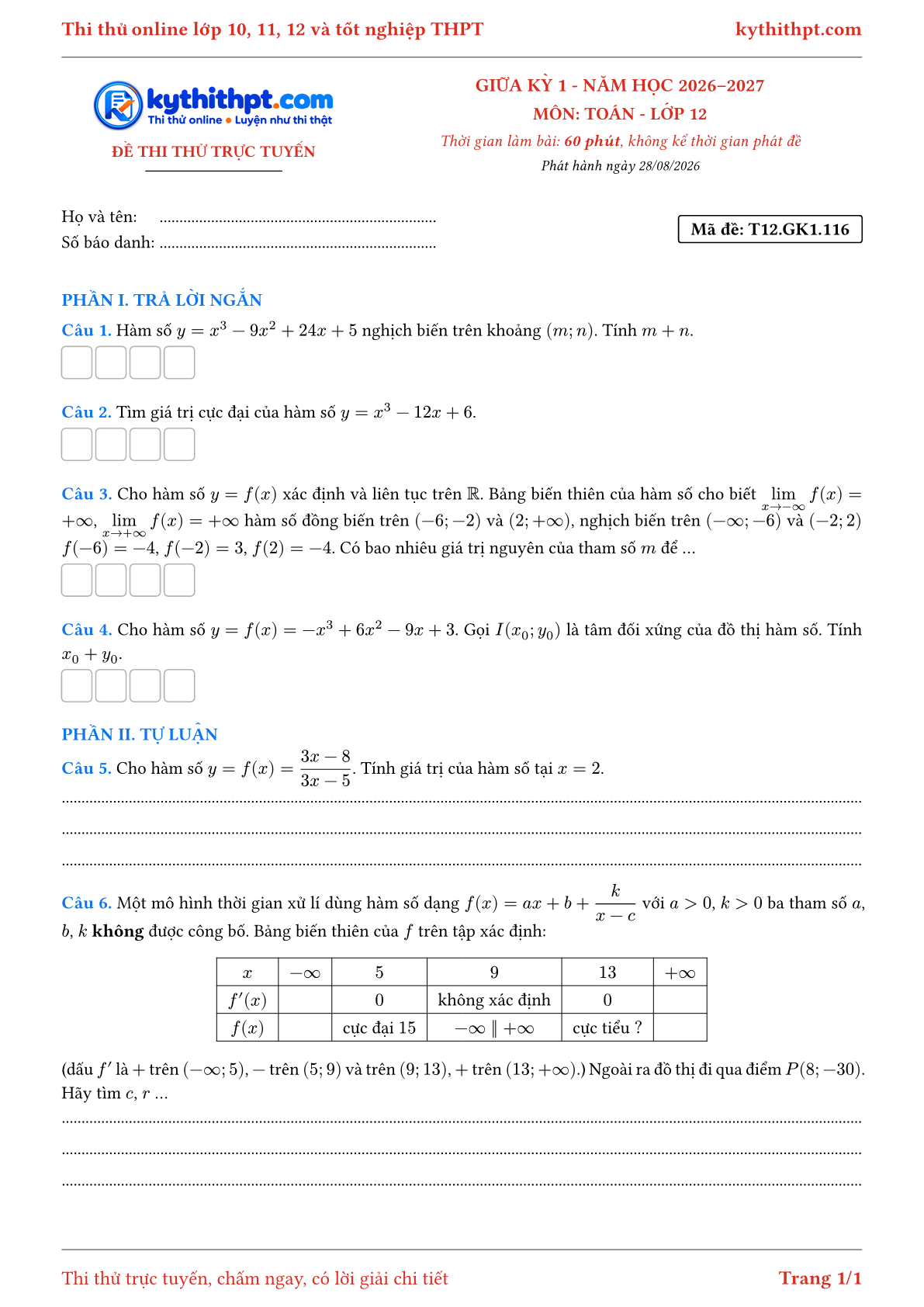Trang đầu Đề thi thử online giữa kỳ 1 môn Toán lớp 12 - trả lời ngắn + tự luận - đề 116