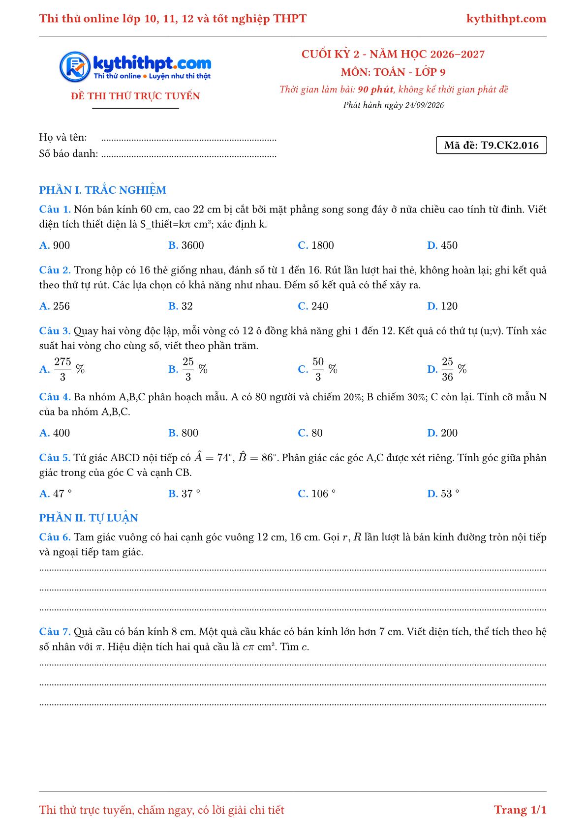 Trang đầu Đề thi thử online cuối kỳ 2 môn Toán lớp 9 - trắc nghiệm + tự luận - đề 016