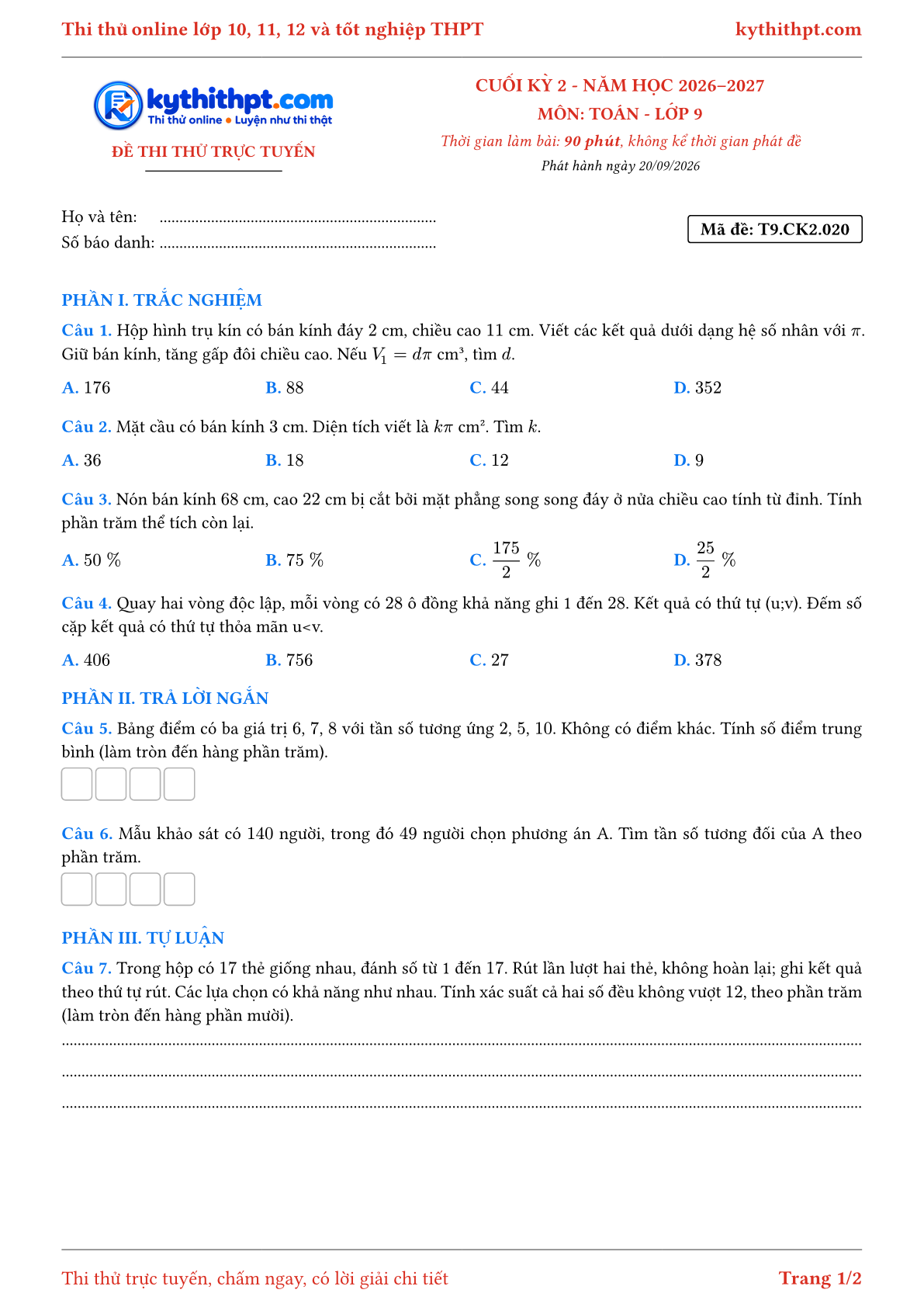 Trang đầu Đề thi thử online cuối kỳ 2 môn Toán lớp 9 - trắc nghiệm + trả lời ngắn + tự luận - đề 020