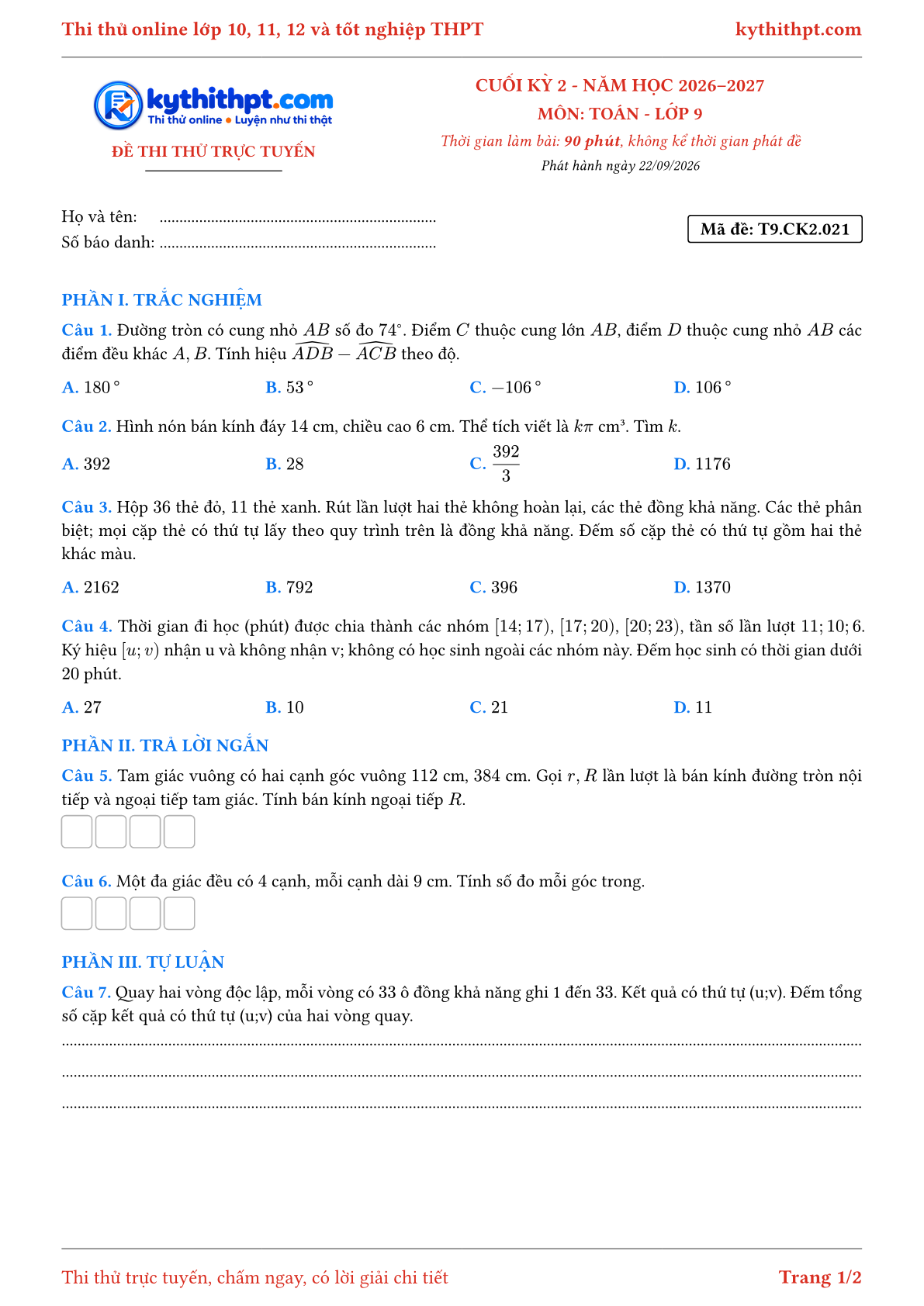 Trang đầu Đề thi thử online cuối kỳ 2 môn Toán lớp 9 - trắc nghiệm + trả lời ngắn + tự luận - đề 021
