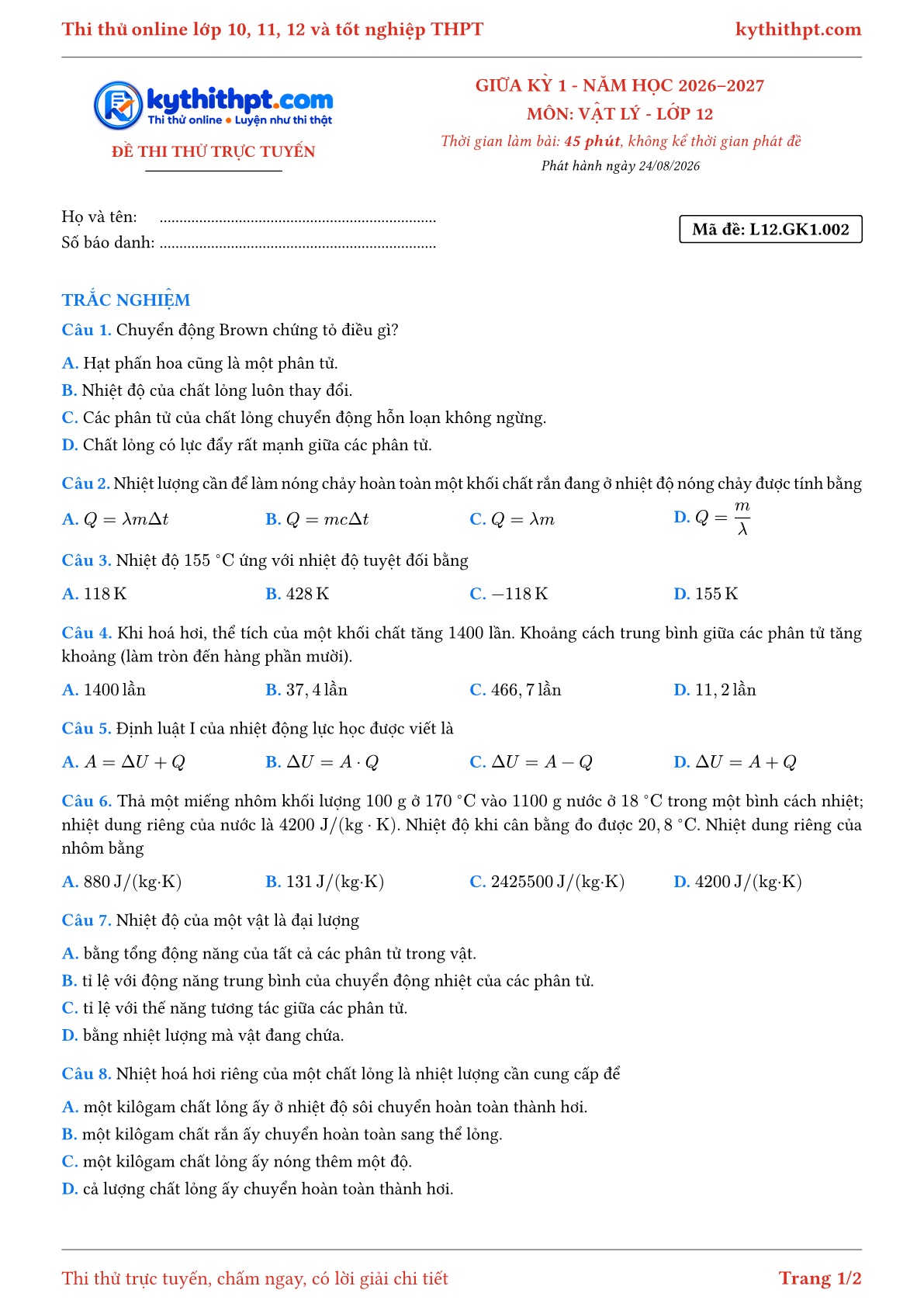 Trang đầu Đề thi thử online giữa kỳ 1 môn Vật lý lớp 12 - full trắc nghiệm - đề 002