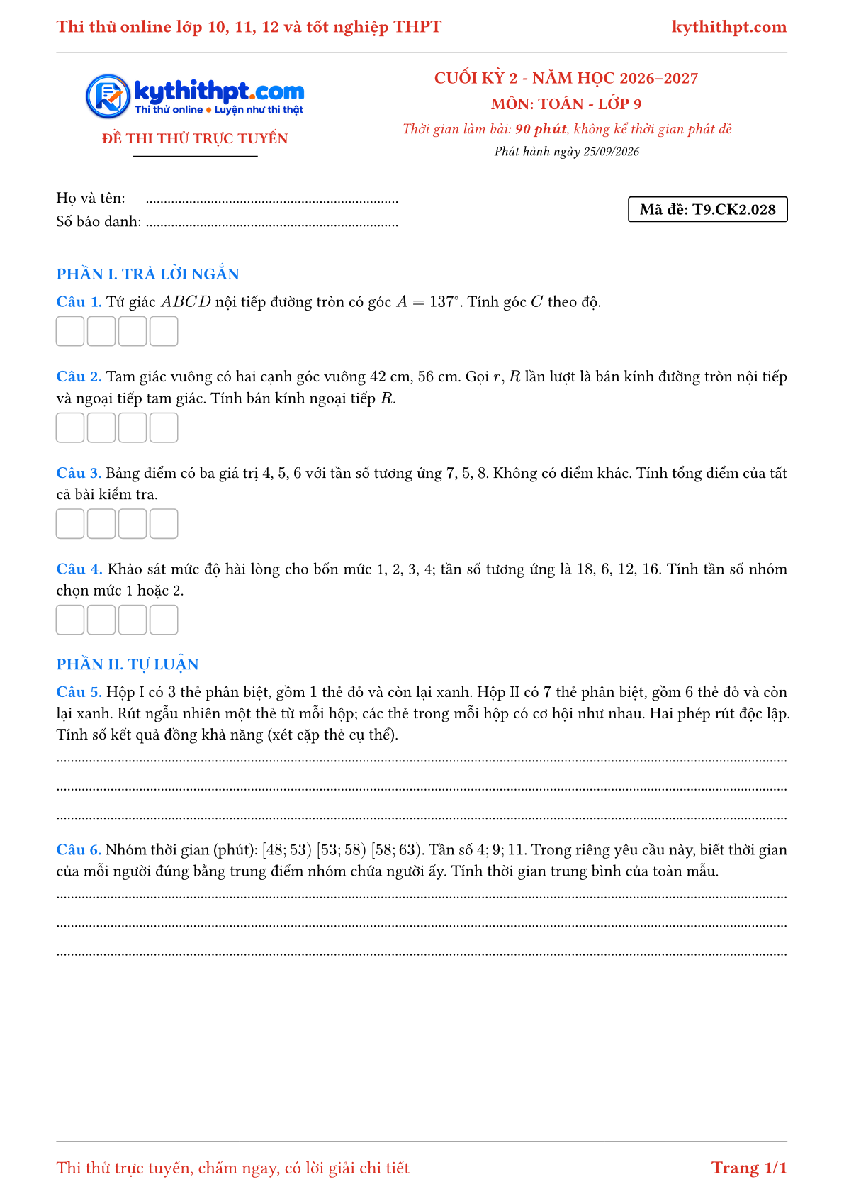 Trang đầu Đề thi thử online cuối kỳ 2 môn Toán lớp 9 - trả lời ngắn + tự luận - đề 028