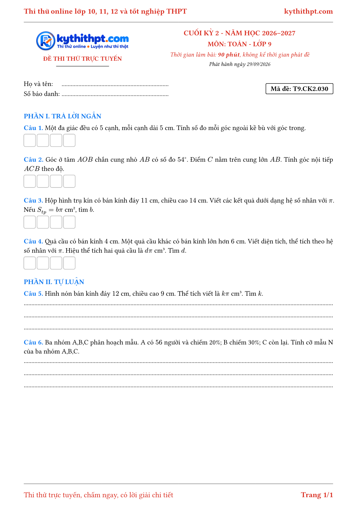 Trang đầu Đề thi thử online cuối kỳ 2 môn Toán lớp 9 - trả lời ngắn + tự luận - đề 030