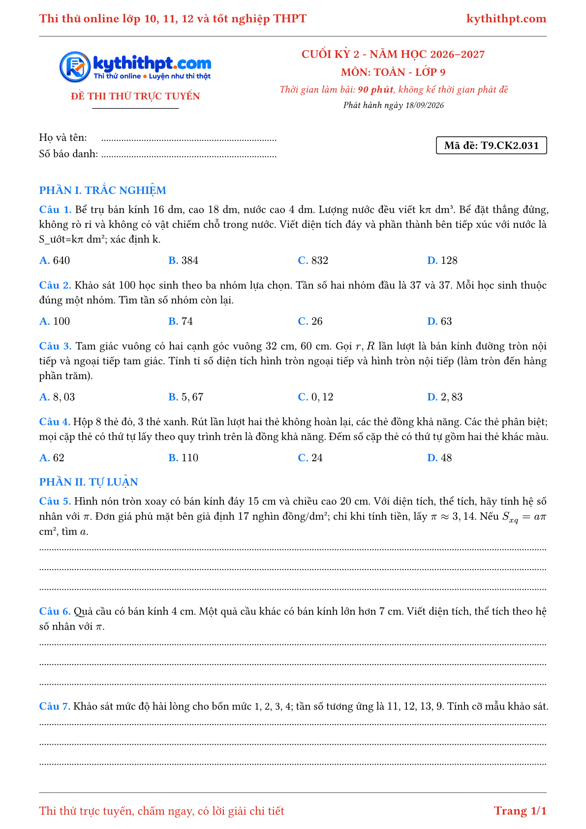 Trang đầu Đề thi thử online cuối kỳ 2 môn Toán lớp 9 - trắc nghiệm + tự luận nâng cao - đề 031