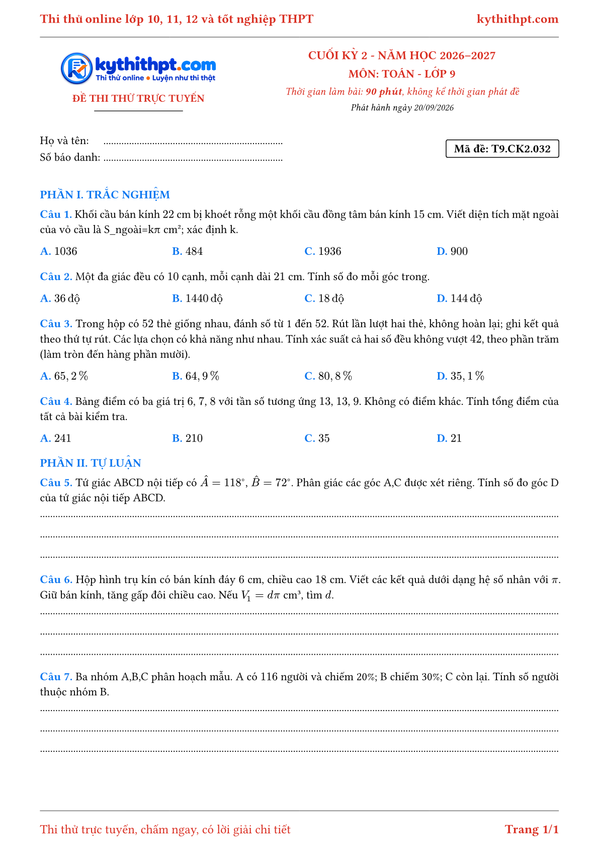 Trang đầu Đề thi thử online cuối kỳ 2 môn Toán lớp 9 - trắc nghiệm + tự luận nâng cao - đề 032