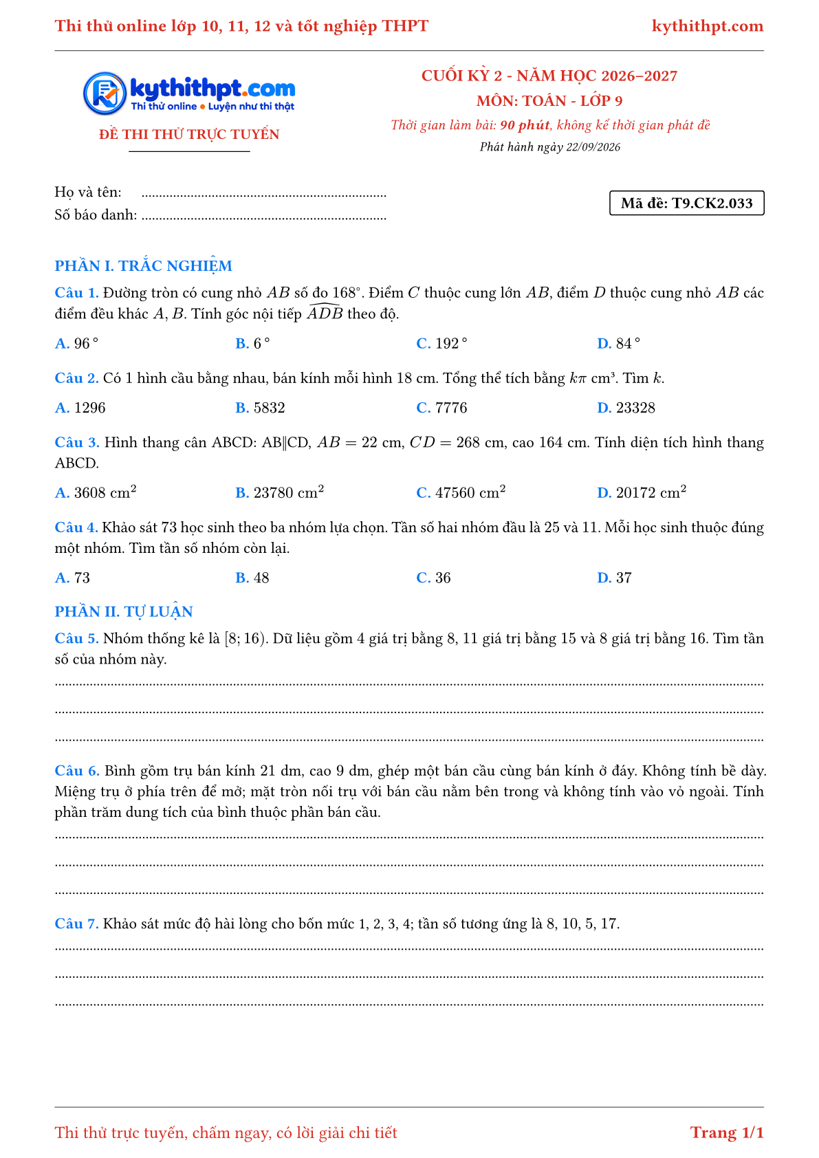 Trang đầu Đề thi thử online cuối kỳ 2 môn Toán lớp 9 - trắc nghiệm + tự luận nâng cao - đề 033