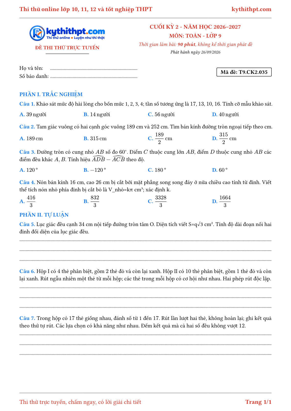 Trang đầu Đề thi thử online cuối kỳ 2 môn Toán lớp 9 - trắc nghiệm + tự luận nâng cao - đề 035