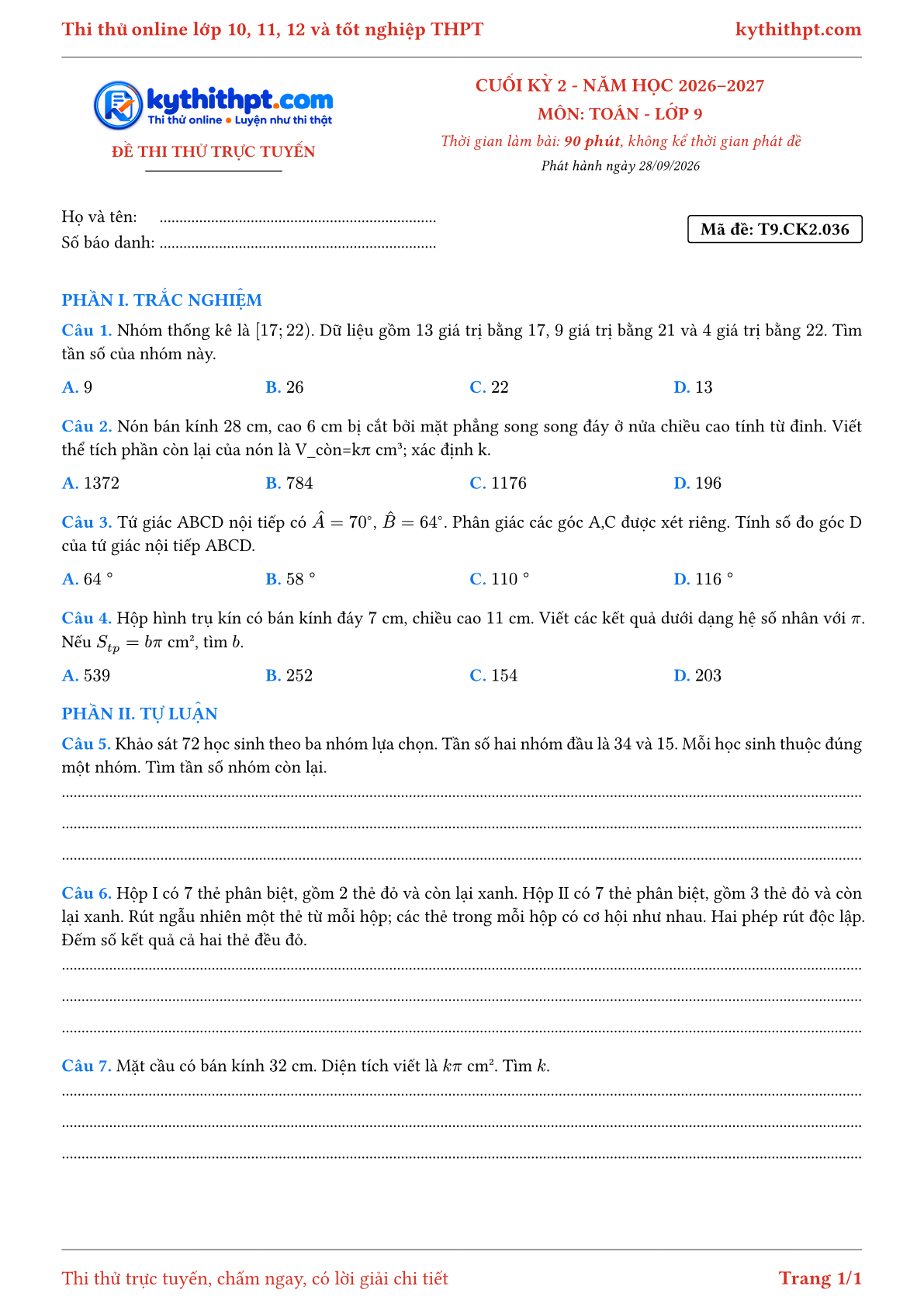 Trang đầu Đề thi thử online cuối kỳ 2 môn Toán lớp 9 - trắc nghiệm + tự luận nâng cao - đề 036
