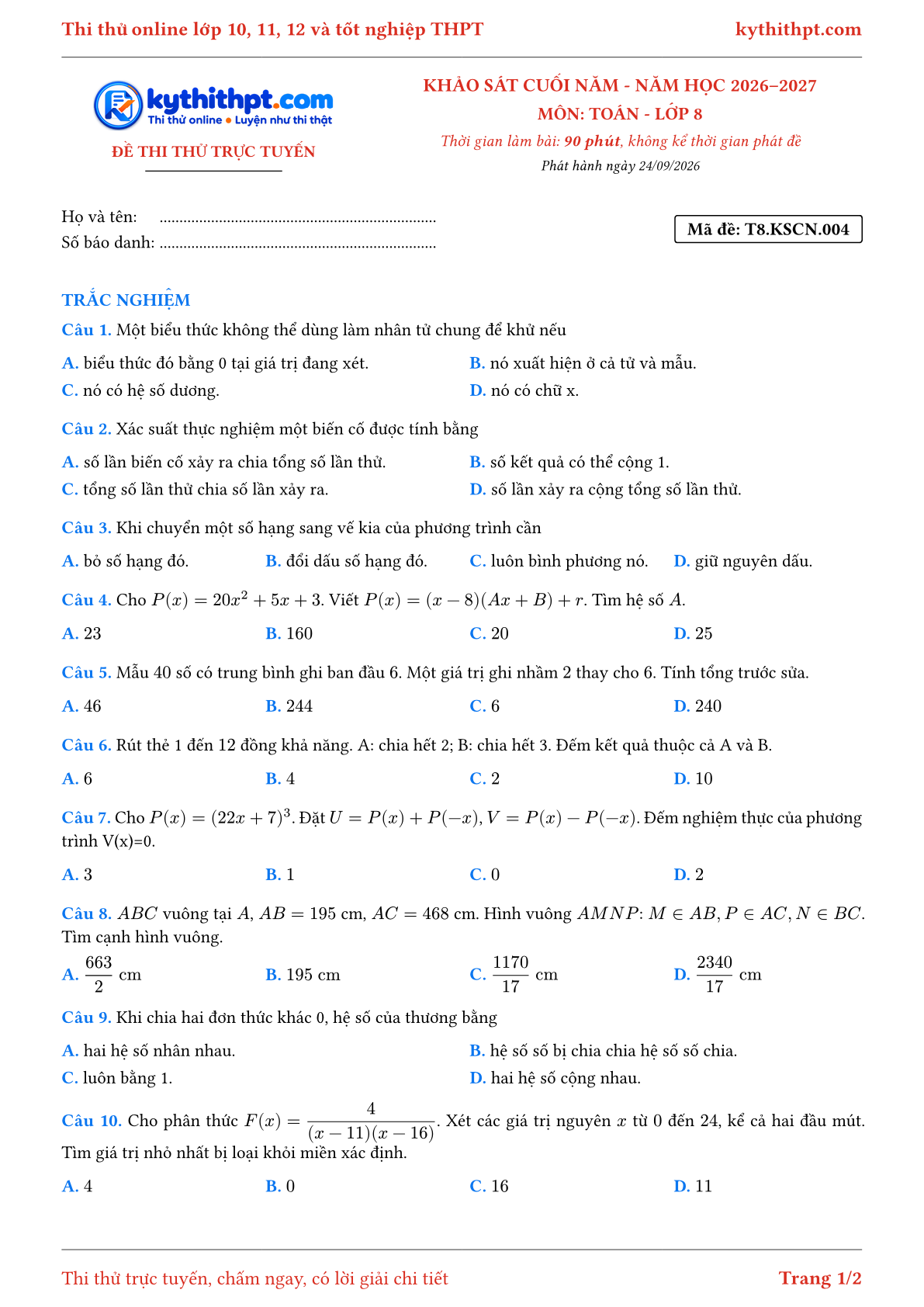 Trang đầu Đề thi thử online khảo sát cuối năm môn Toán lớp 8 - full trắc nghiệm - đề 004