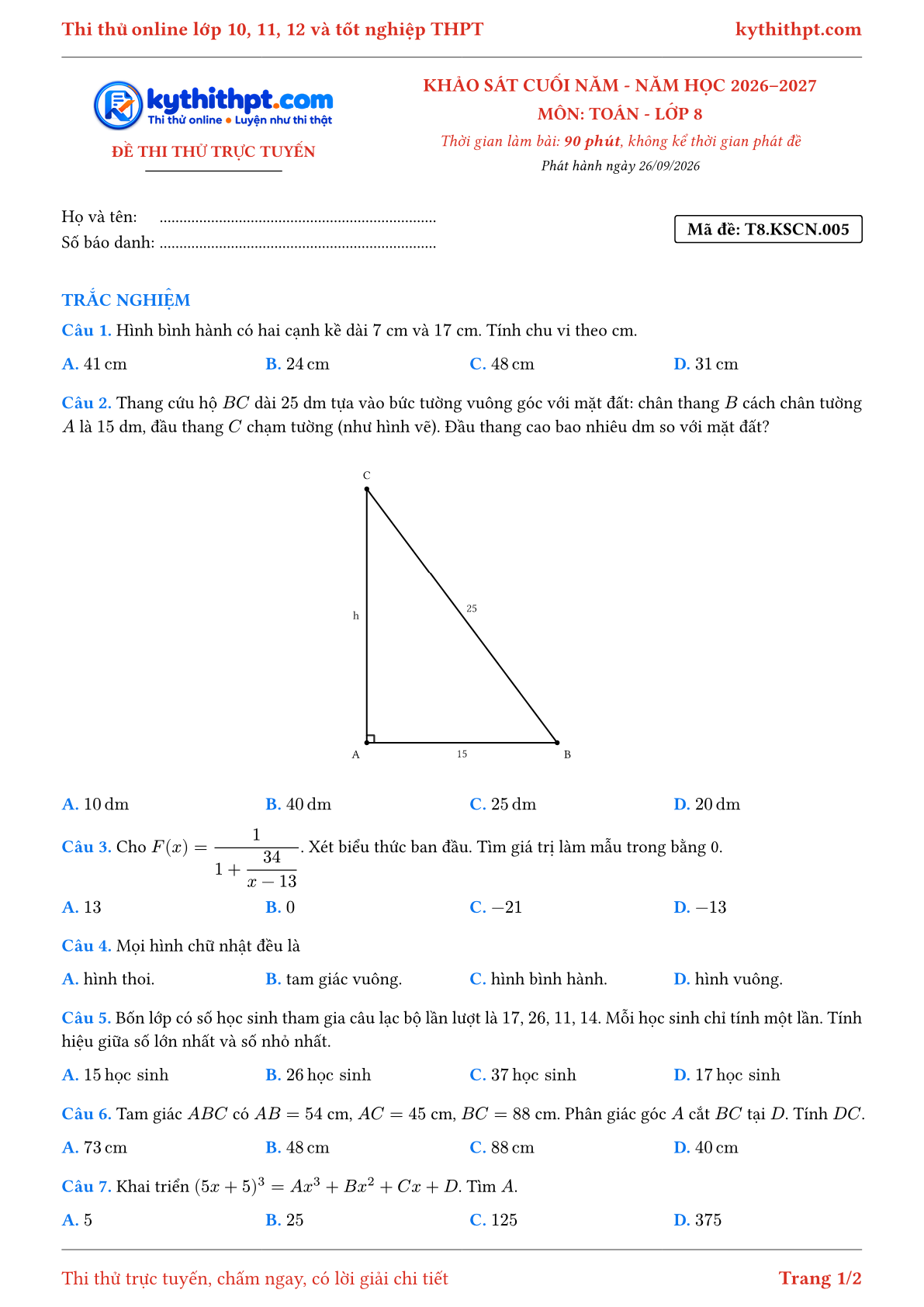 Trang đầu Đề thi thử online khảo sát cuối năm môn Toán lớp 8 - full trắc nghiệm - đề 005