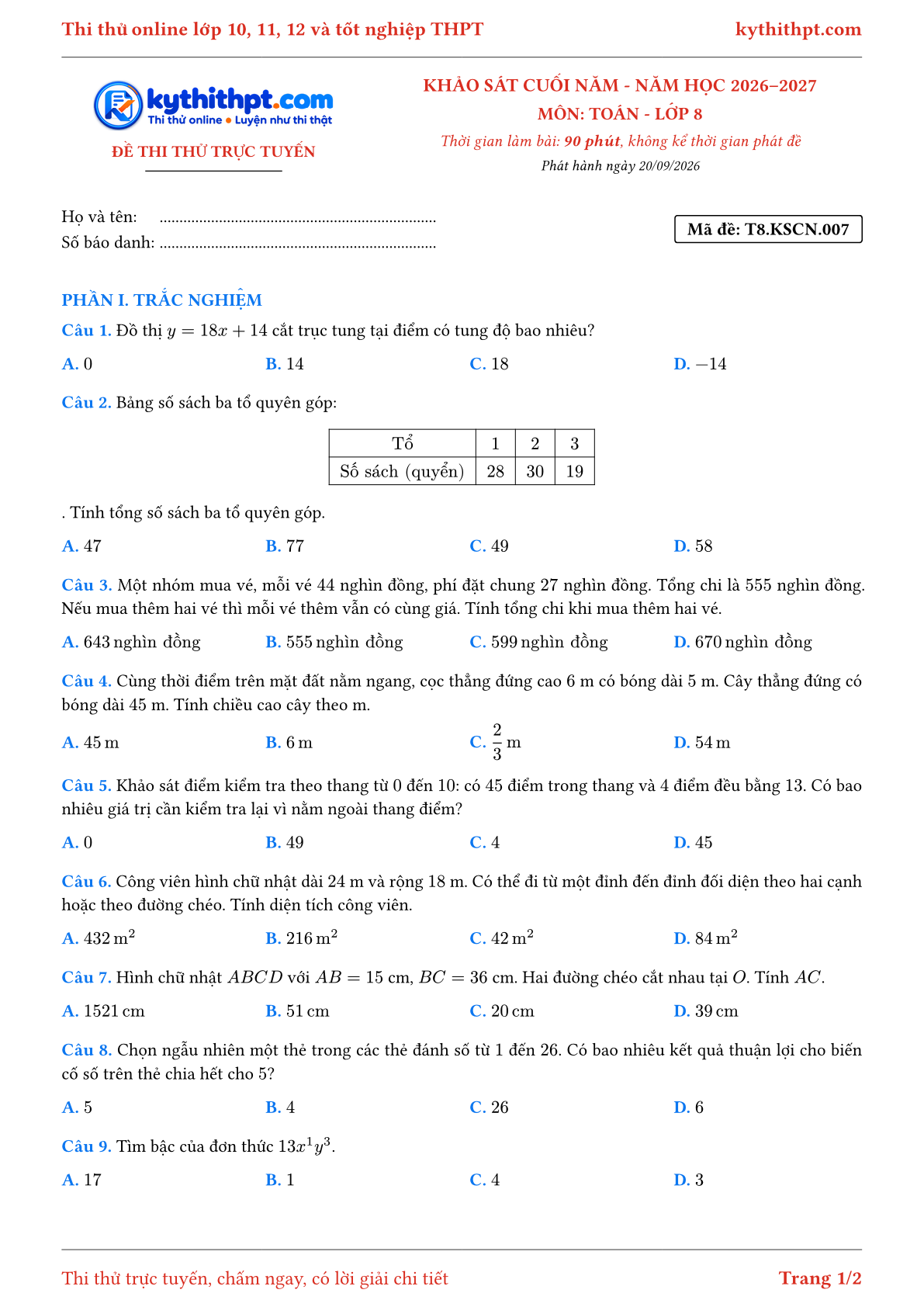 Trang đầu Đề thi thử online khảo sát cuối năm môn Toán lớp 8 - trắc nghiệm + trả lời ngắn - đề 007